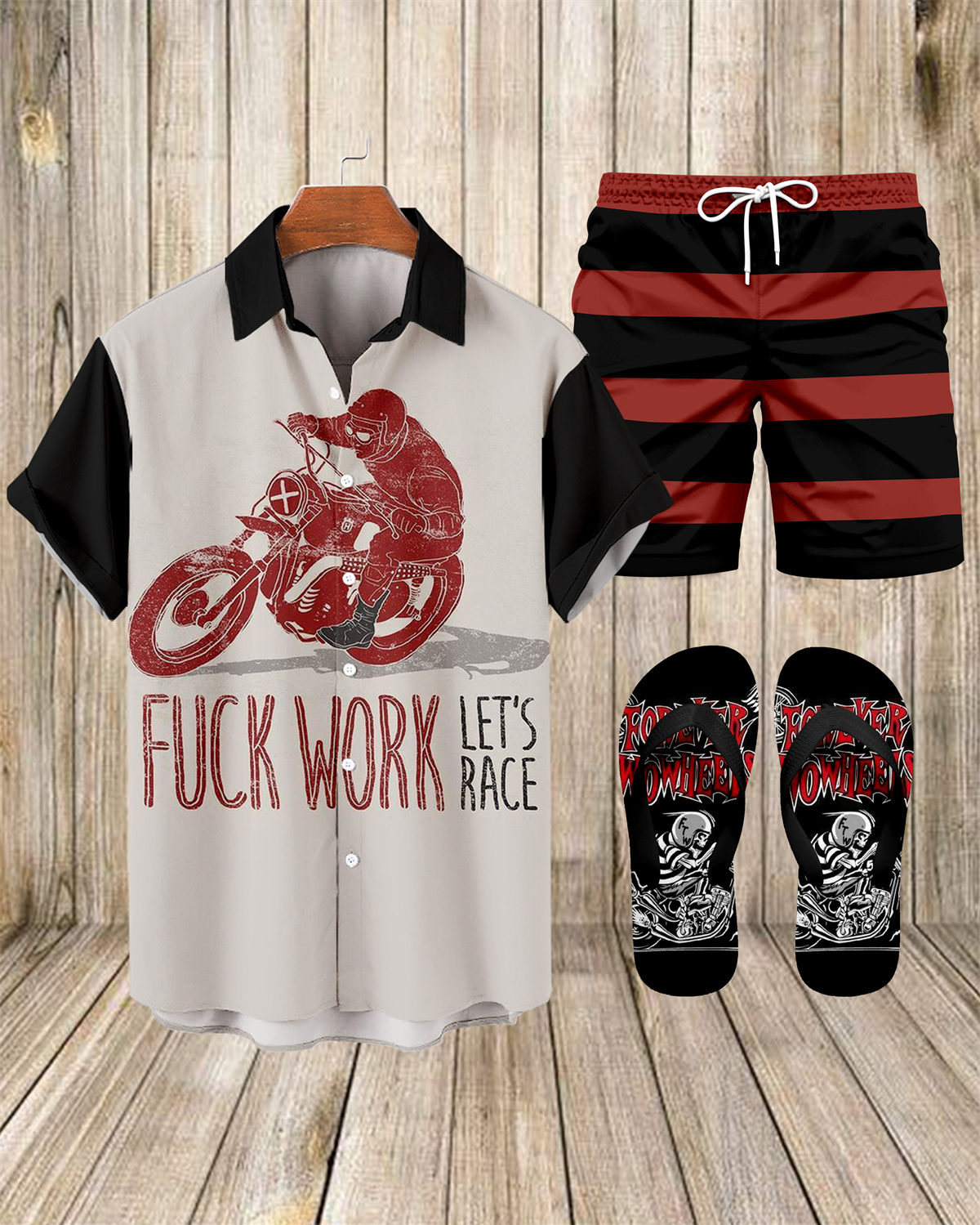 Suitmens Men's Modified Motorcycle Print Shirt Three-Piece Set 068