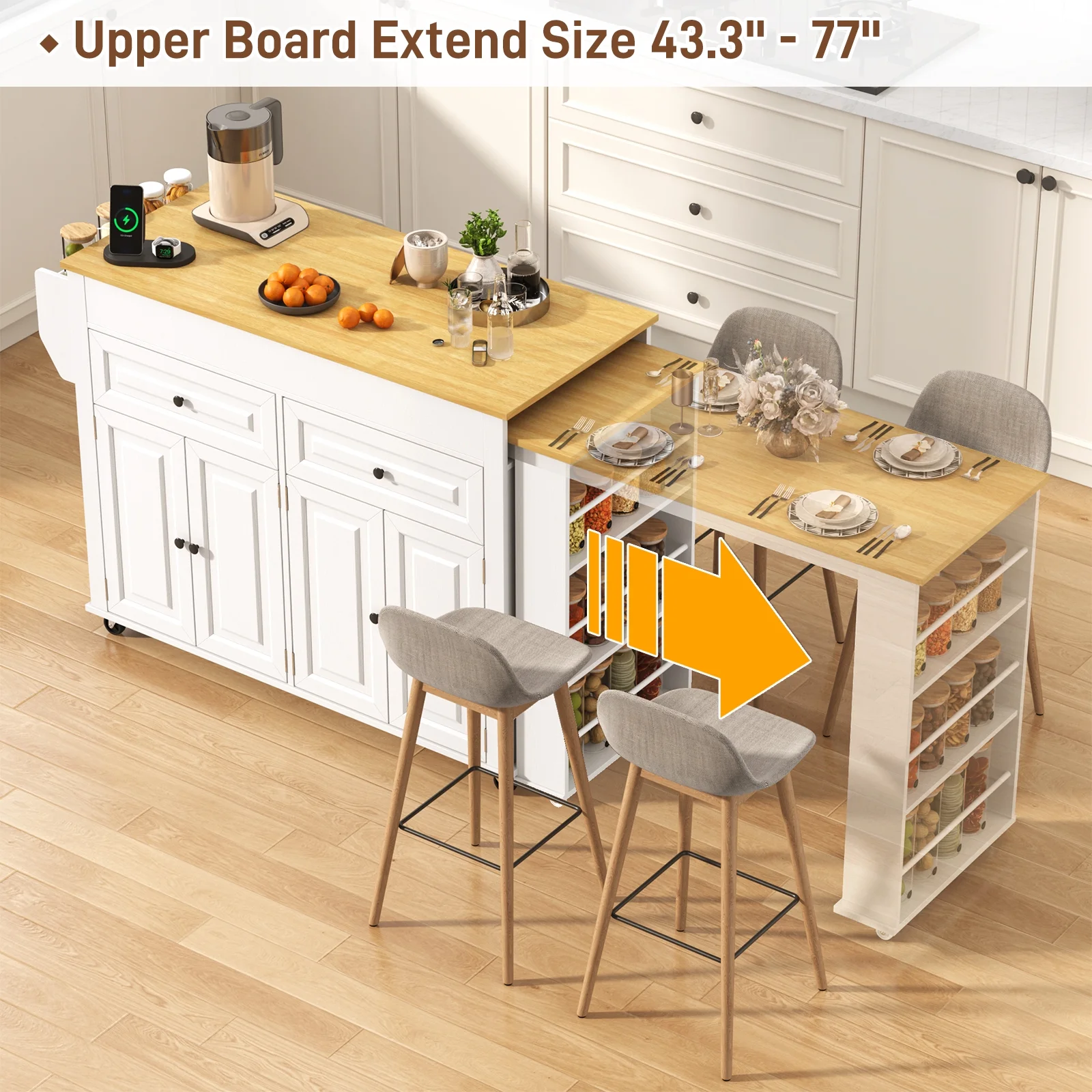 ANPOO Large Kitchen Island with Extendable Dining Table and Power Outlet, Rolling Kitchen Island Cart on Wheels with 2 Storage Cabinets & 2 Drawers & 3 Spice Racks, Island Table for Kitchen - Image 9