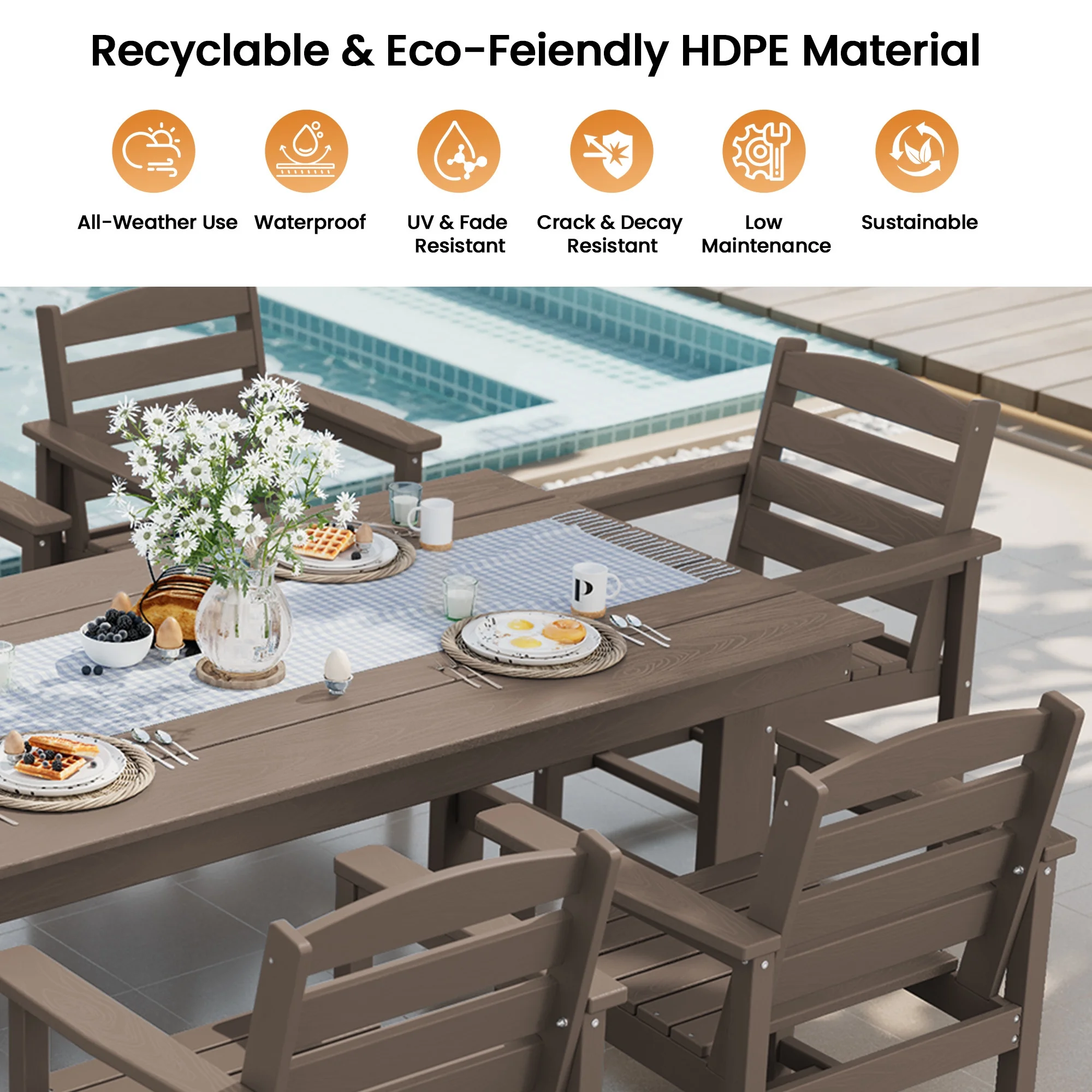 KINGYES 7-Piece Outdoor Dining Set, HDPE Patio Table and Chairs with Umbrella Hole, Gray - Image 54