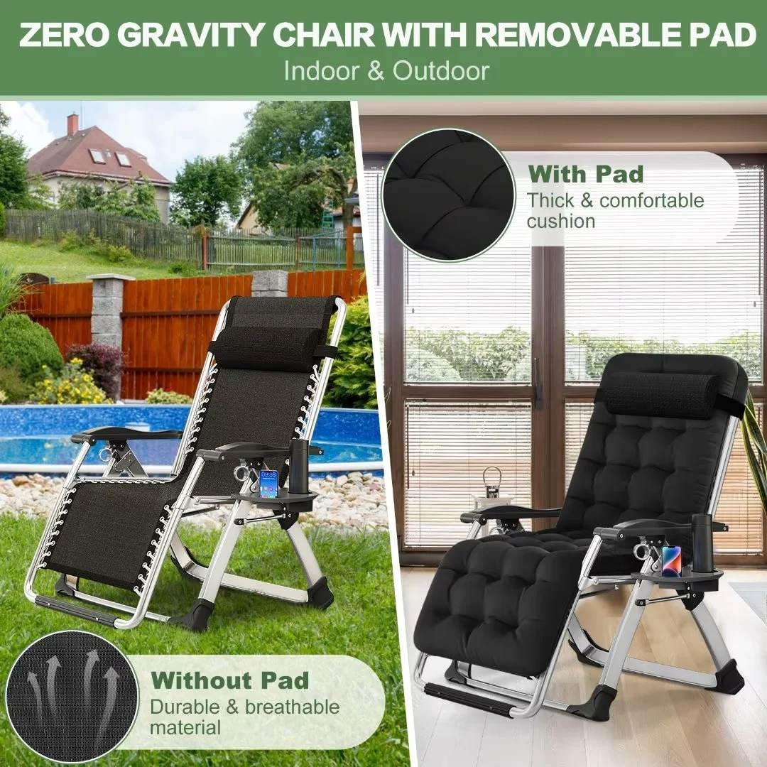 NAIZEA 2 Pack Zero Gravity Chair, Foldable Portable Lawn Recliner with Cushion, Headrest, Cup Holder, Black - Image 5
