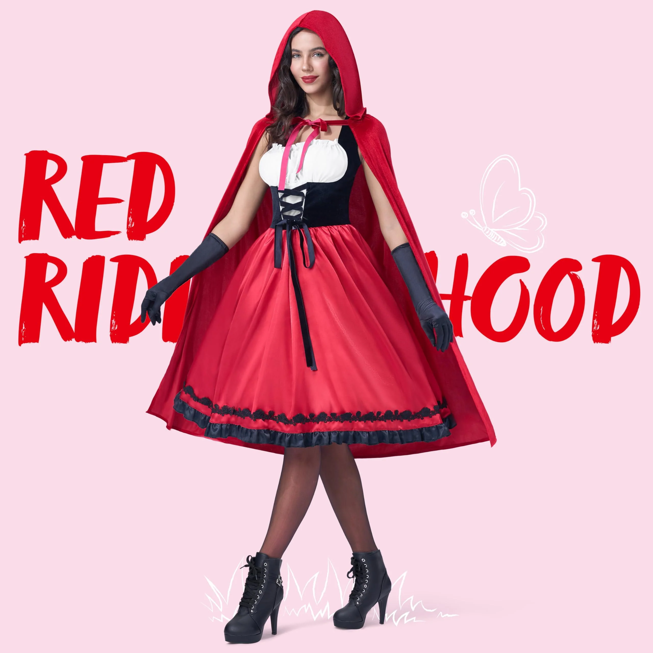 Joyfy Women Little Red Riding Hooded Costume with Dress, Cape and Gloves, Adult Women Halloween Costume for Halloween Party Cosplay - Image 9 Joyfy Women Little Red Riding Hooded Costume with Dress, Cape and Gloves, Adult Women Halloween Costume for Halloween Party Cosplay - Image 9