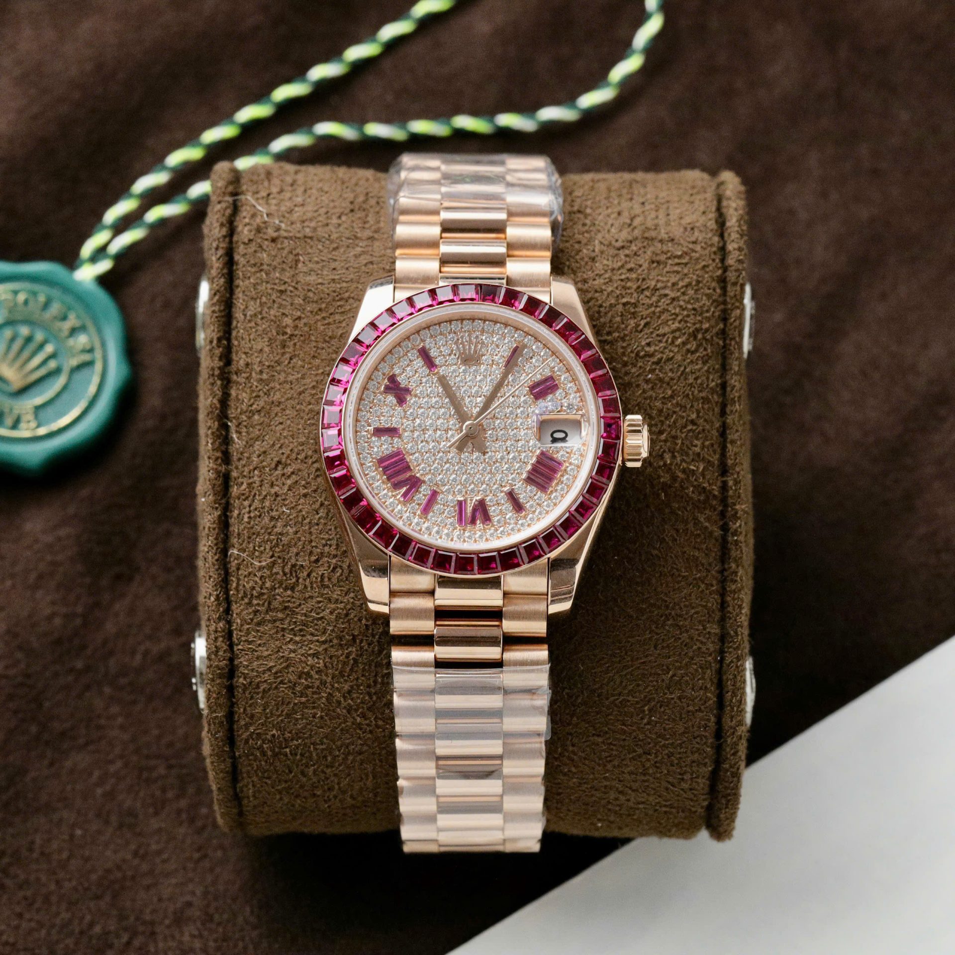 Rolex DateJust Women Custom Gold Wrapped + Ruby Baguette + Diamonds Moissanite 31mm - Elite Watch Atelier