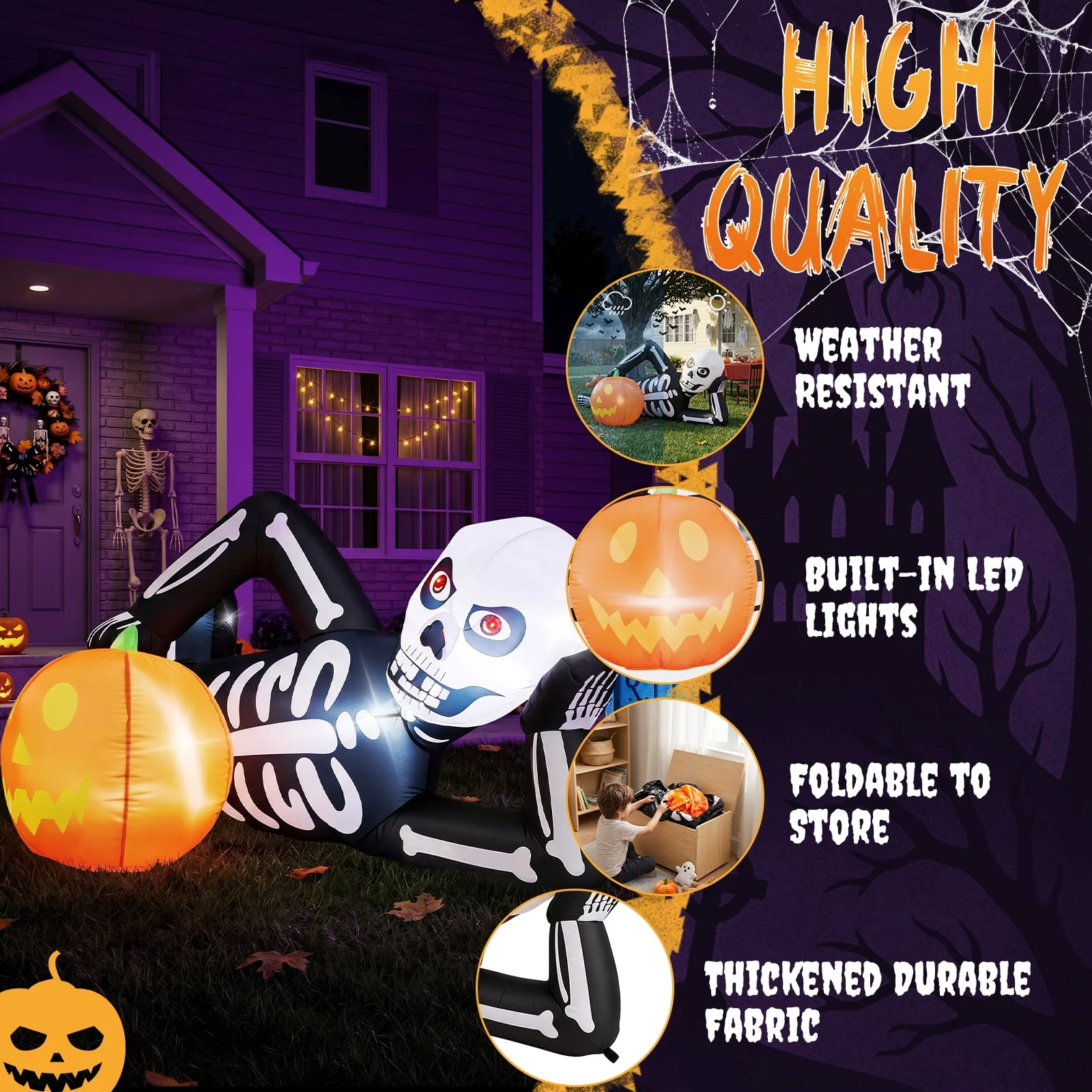 Ktaxon 7' Halloween Inflatables Skeleton Outdoor Halloween Decoration Reclining Skeleton with Pumpkin,Built-In LED Lights - Image 4 Ktaxon 7' Halloween Inflatables Skeleton Outdoor Halloween Decoration Reclining Skeleton with Pumpkin,Built-In LED Lights - Image 4