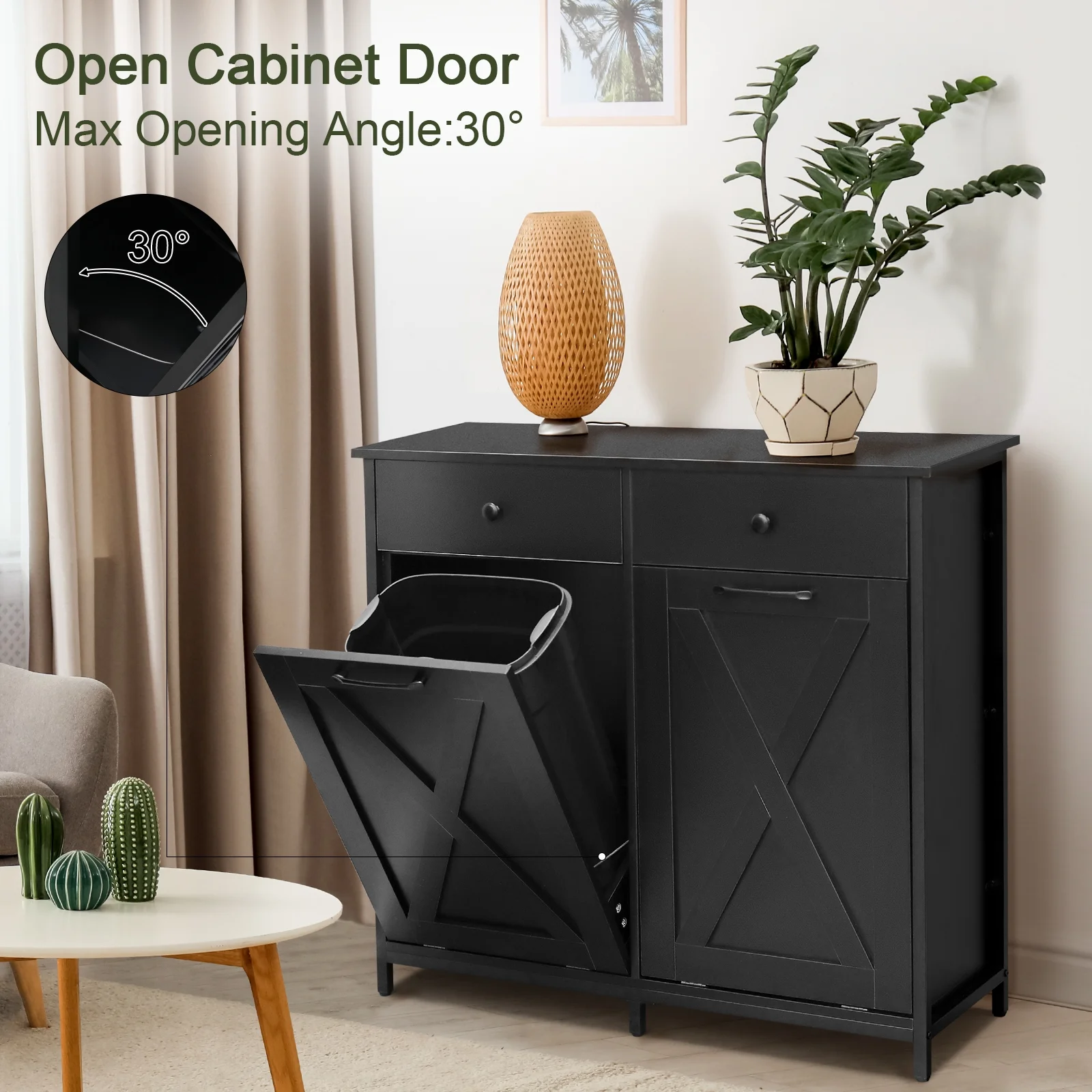 Pirecart 20 Gallon Double Tilt Out Trash Cabinet Wood Hidden Storage Cabinet, Recycling Cabinet with 2 Drawers, Black - Image 2