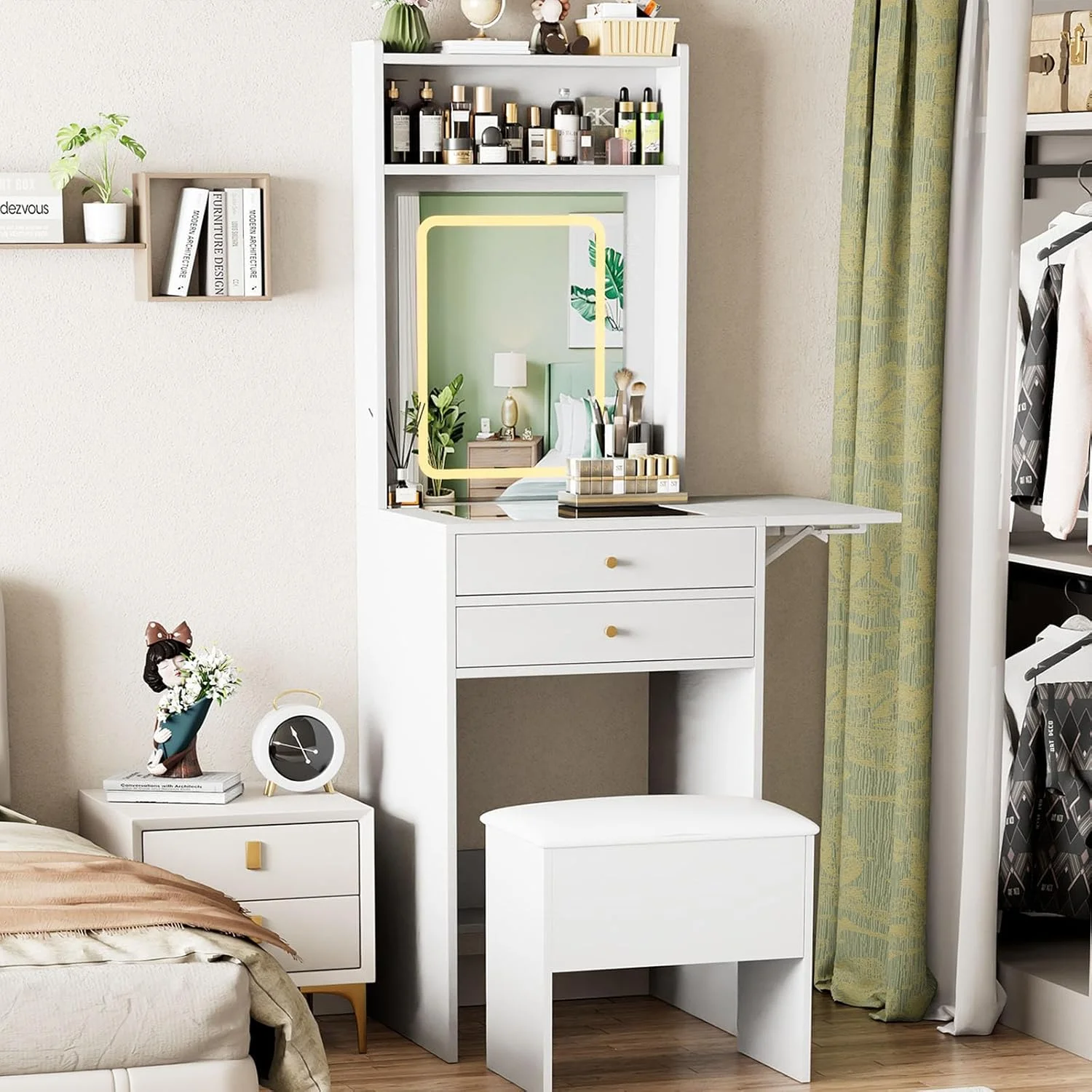 Montary Modern Mini Vanity w/Adjustable LED Mirror + Hidden Storage, Padded Stool & Dustproof Shelves (White) - Image 133
