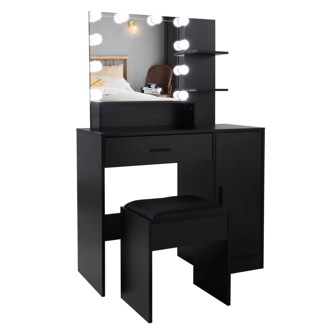 Black Bedroom Makeup Vanity Set, Vanity Desk with Light, Mirror and Cushioned Stool, Modern Makeup Dressing Table for Girls, Wife, Daughter, Mother, Adjustable Light Brightness