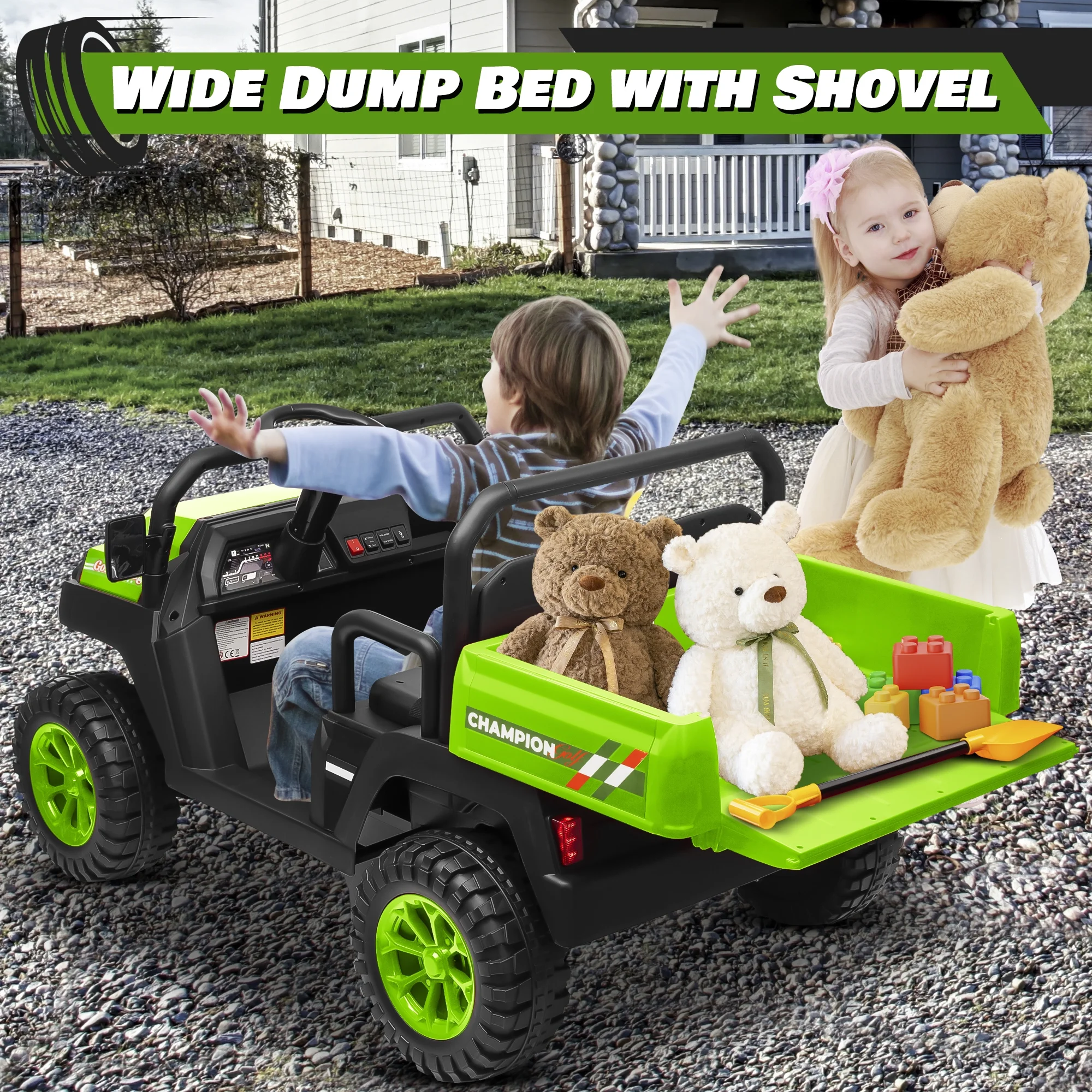 Joyracer 4WD 24 Volt Ride on Toys UTV with 2 Seater & Remote Control, Kids Electric Golf Cart w/ 4x200W Power Motors, Tiltable Trailer & Shovel, 4 Wheels Spring Suspension, Bluetooth USB Music, Black - Image 13