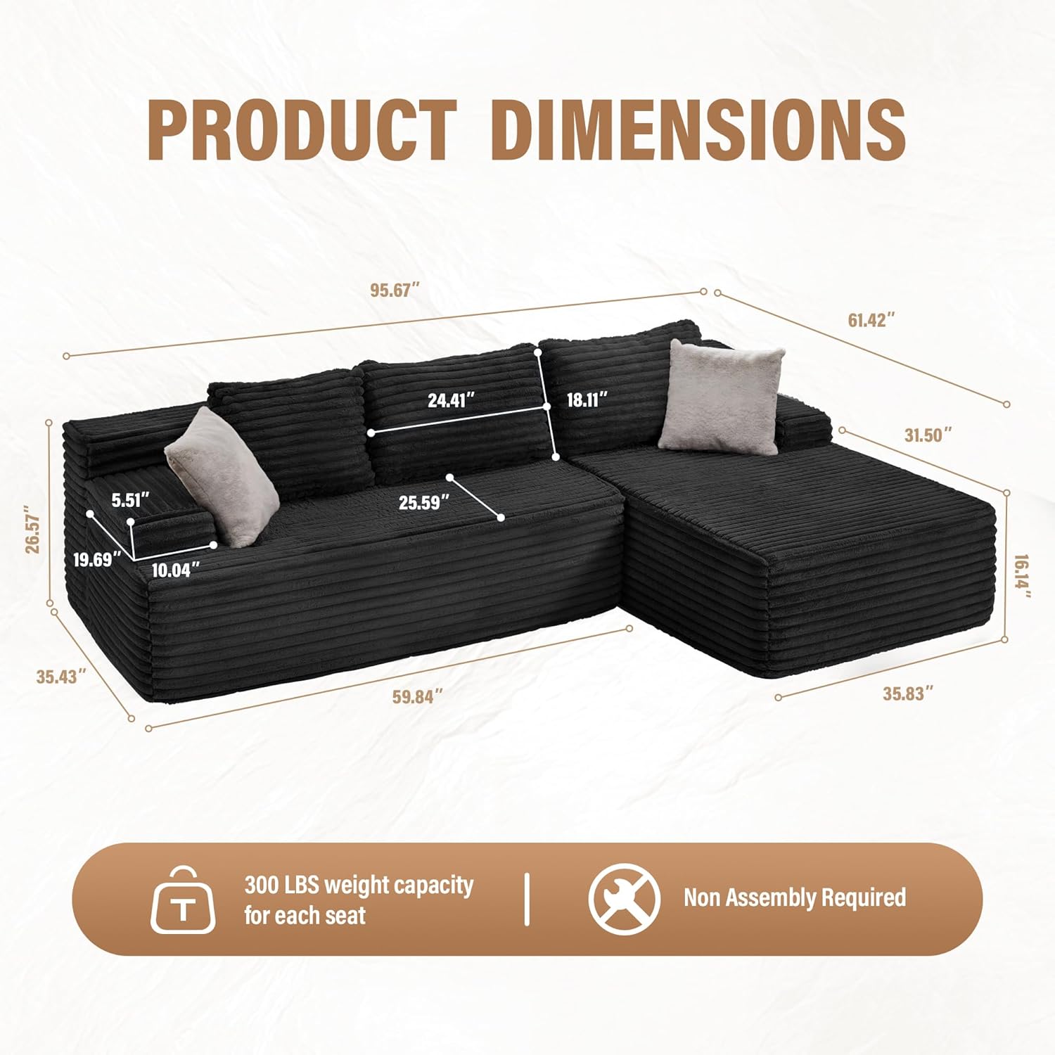 Hobestluk Modular Sectional Sofa Couches L-Shape Couch 3 Seat Modular Sofa Memory Foam Sectional Couches for Living Room, Cloud Couch with Oversized Chaise (96