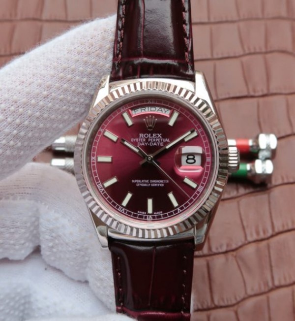 Replica Rolex Day-Date 36mm 118139-L Red Dial Stick Markers Brown Leather Strap A2836 - Elite Watch Atelier