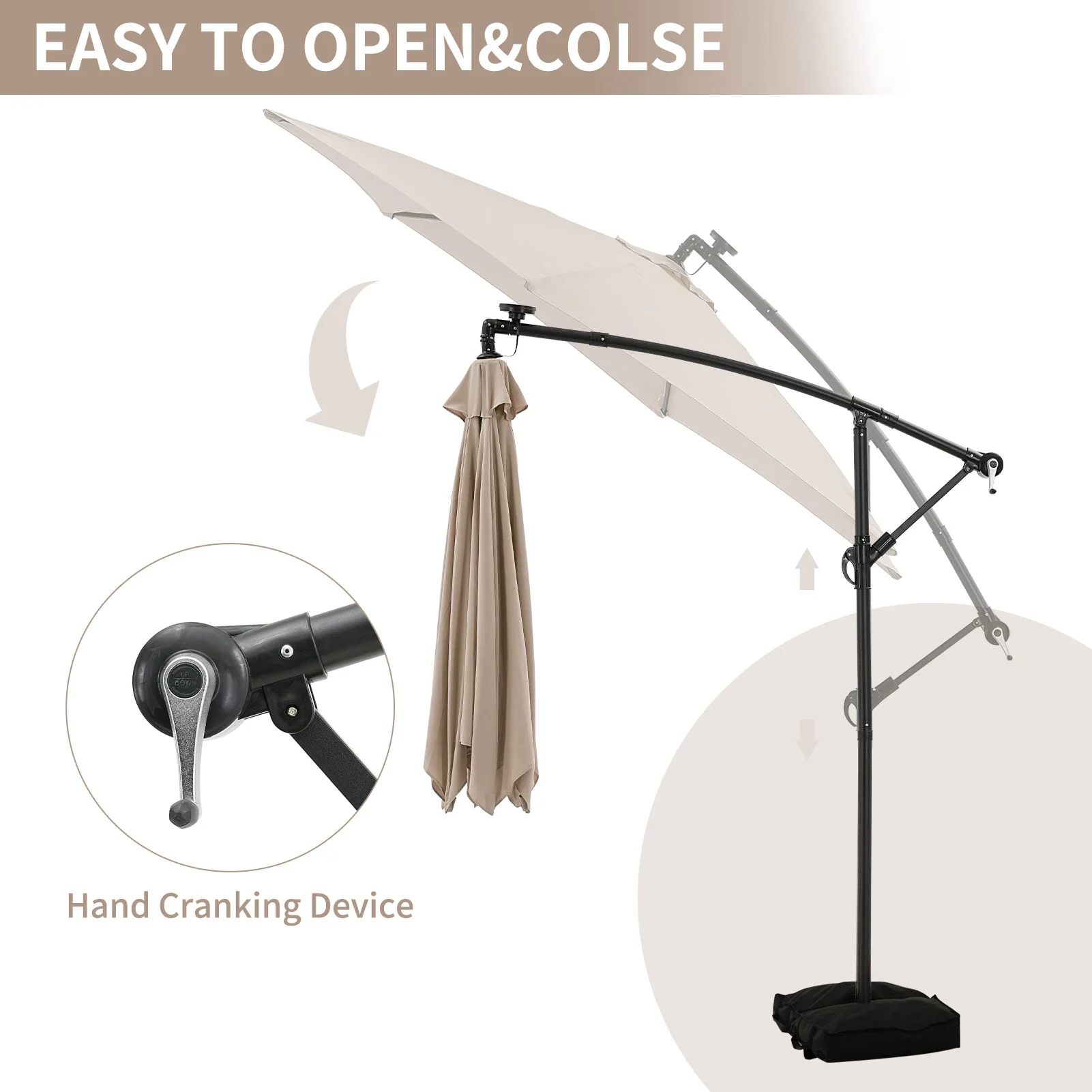 Ainfox 10ft Cantilever Patio Umbrella with Lights, Offset Market Umbrella with Sandbags Weighted Base and Cross Base,Khaki - Image 2