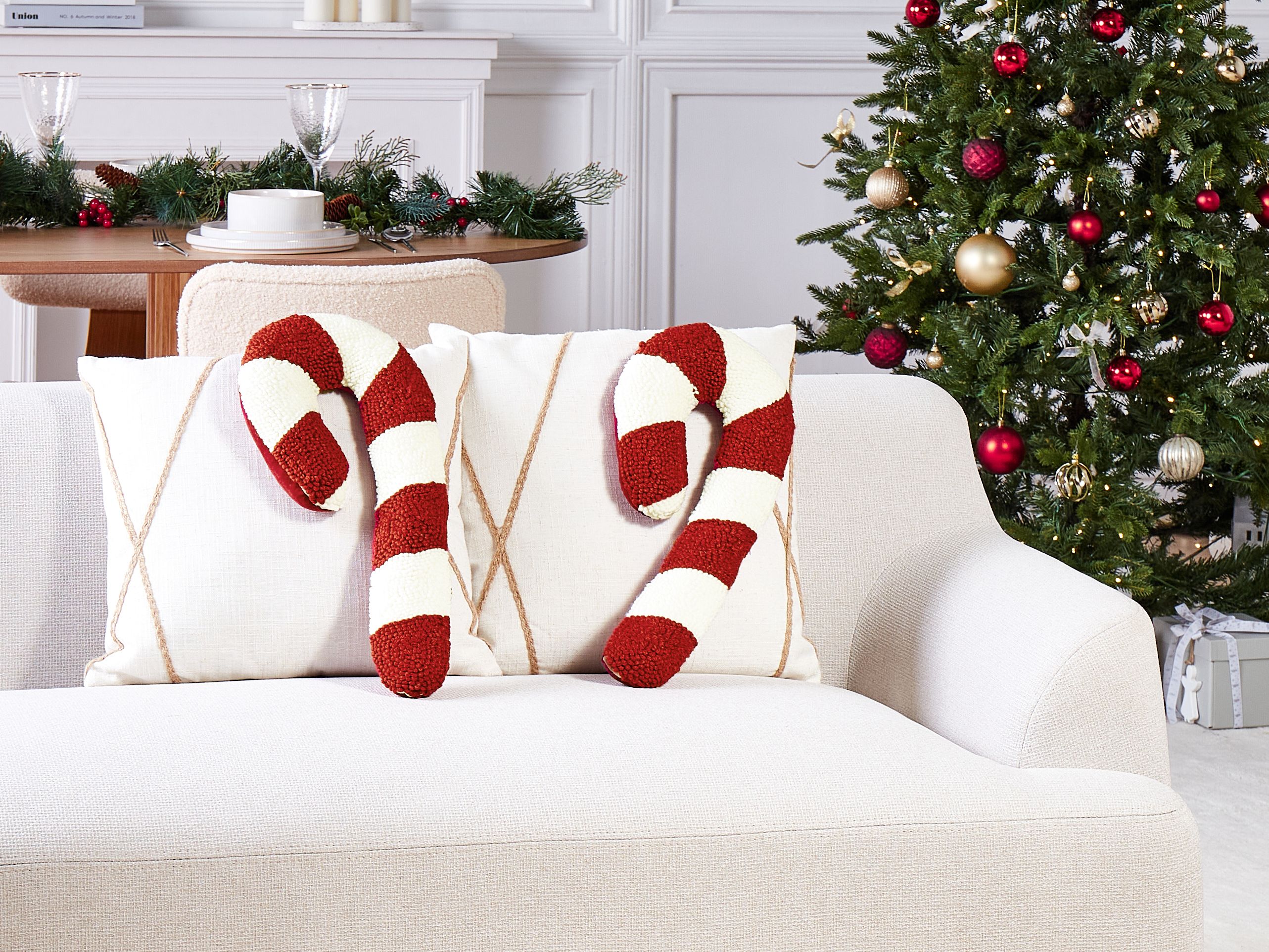 Set of 2 Decorative Cushions CANDY CANE Boucle 22 x 55 cm Red Christmas Motif