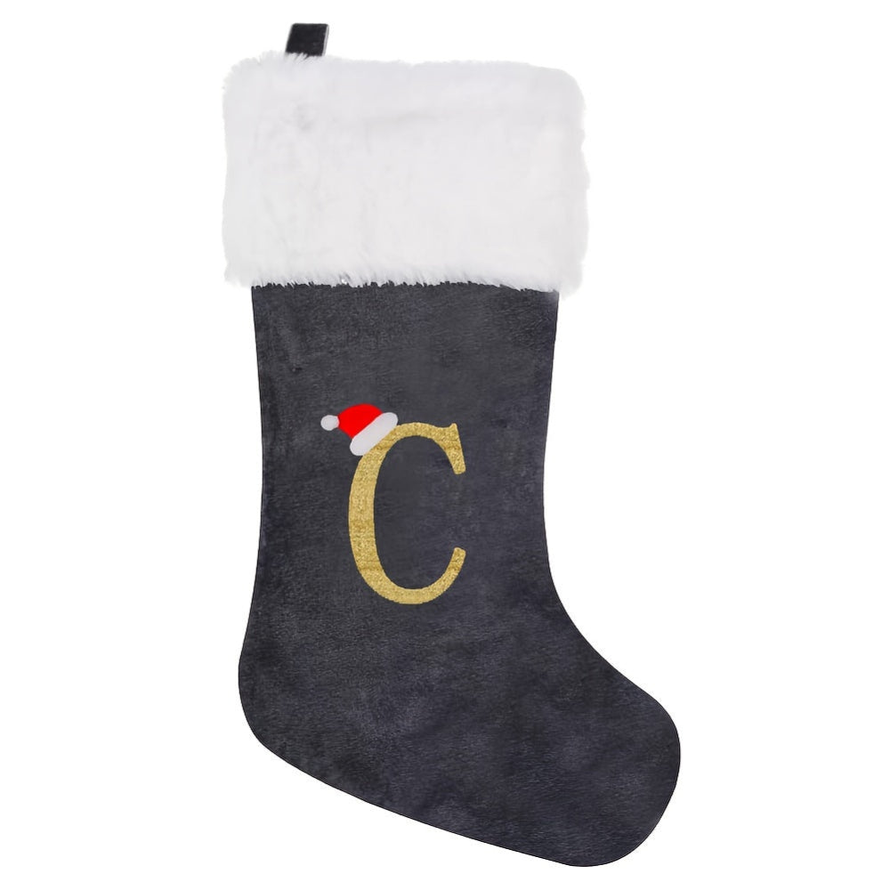 Gepersonaliseerde Fluwelen Kerstsok met Monogram – Modern Grijs Ontwerp