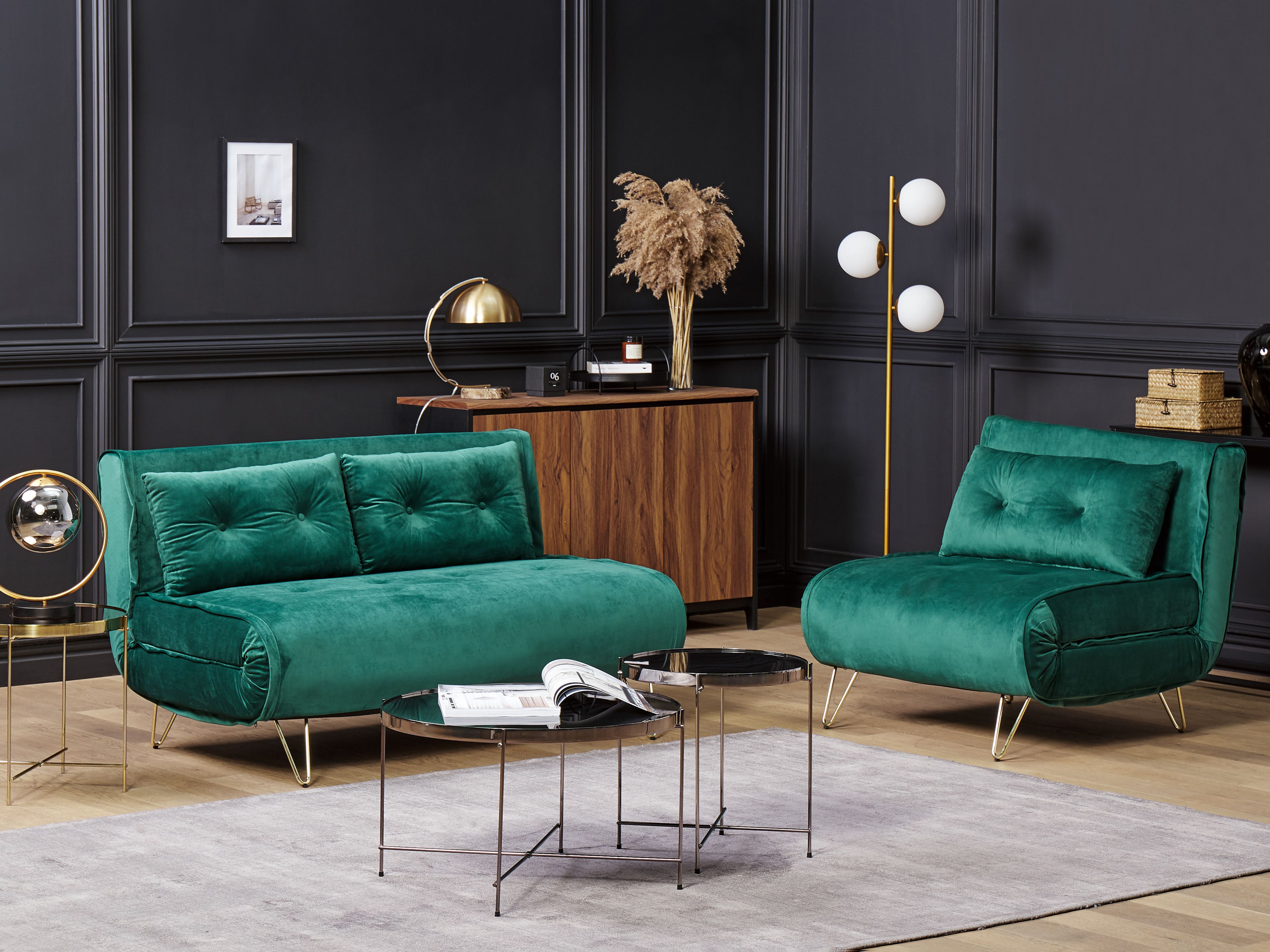 Living Room Set 3 Seater VESTFOLD Velvet Dark Green