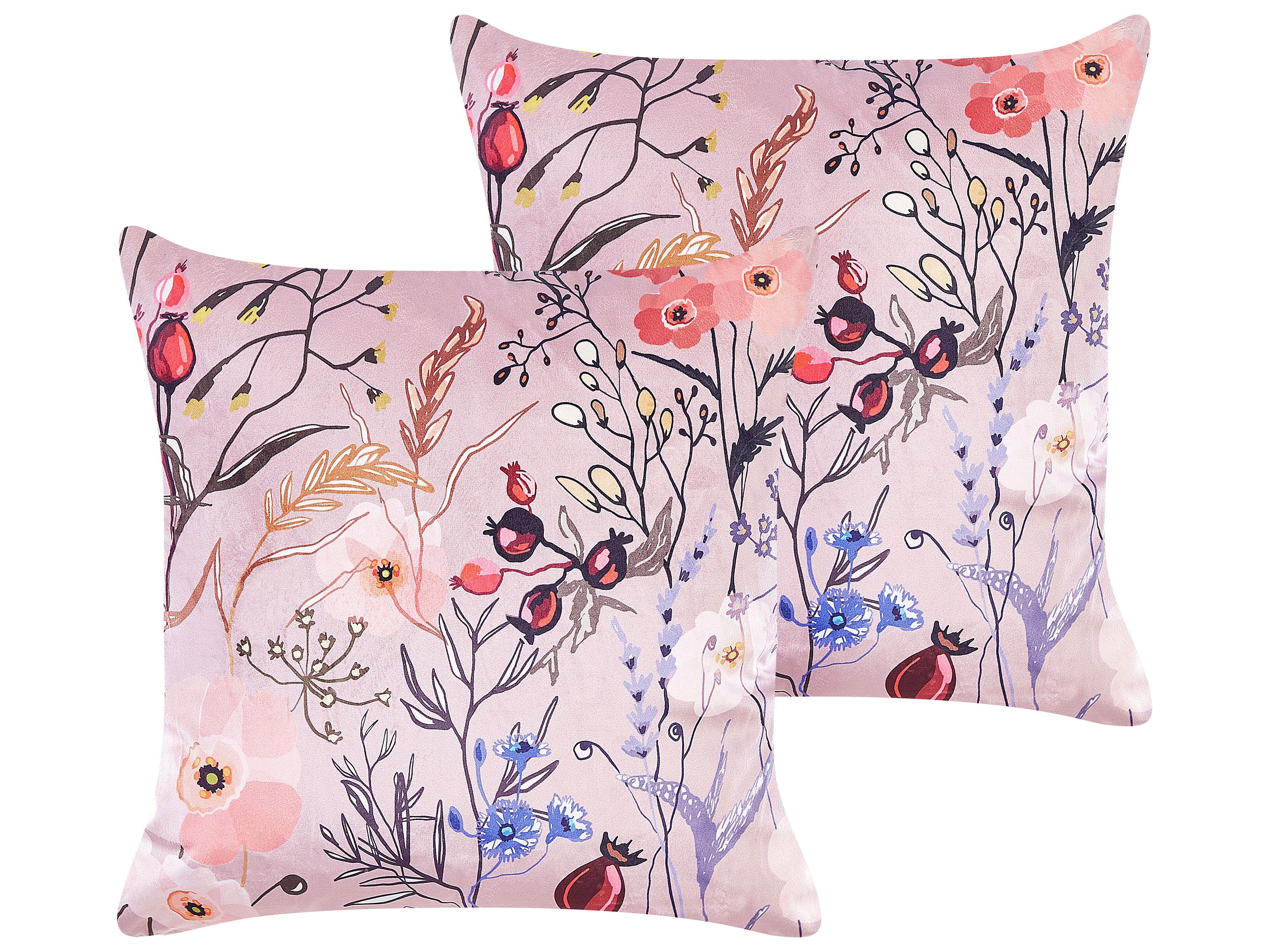 Set of 2 Decorative Cushions ANEMONES Velvet 45 x 45 cm Pastel Pink Floral Pattern