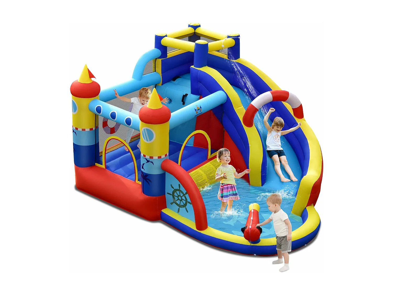Aquatique Gonflable 6 en 1 avec Toboggan Incurvé Piscine à Eclaboussures Jeu Cible et Canon à Eau  pour Enfants 3-10 ans（sans Gonfleur)