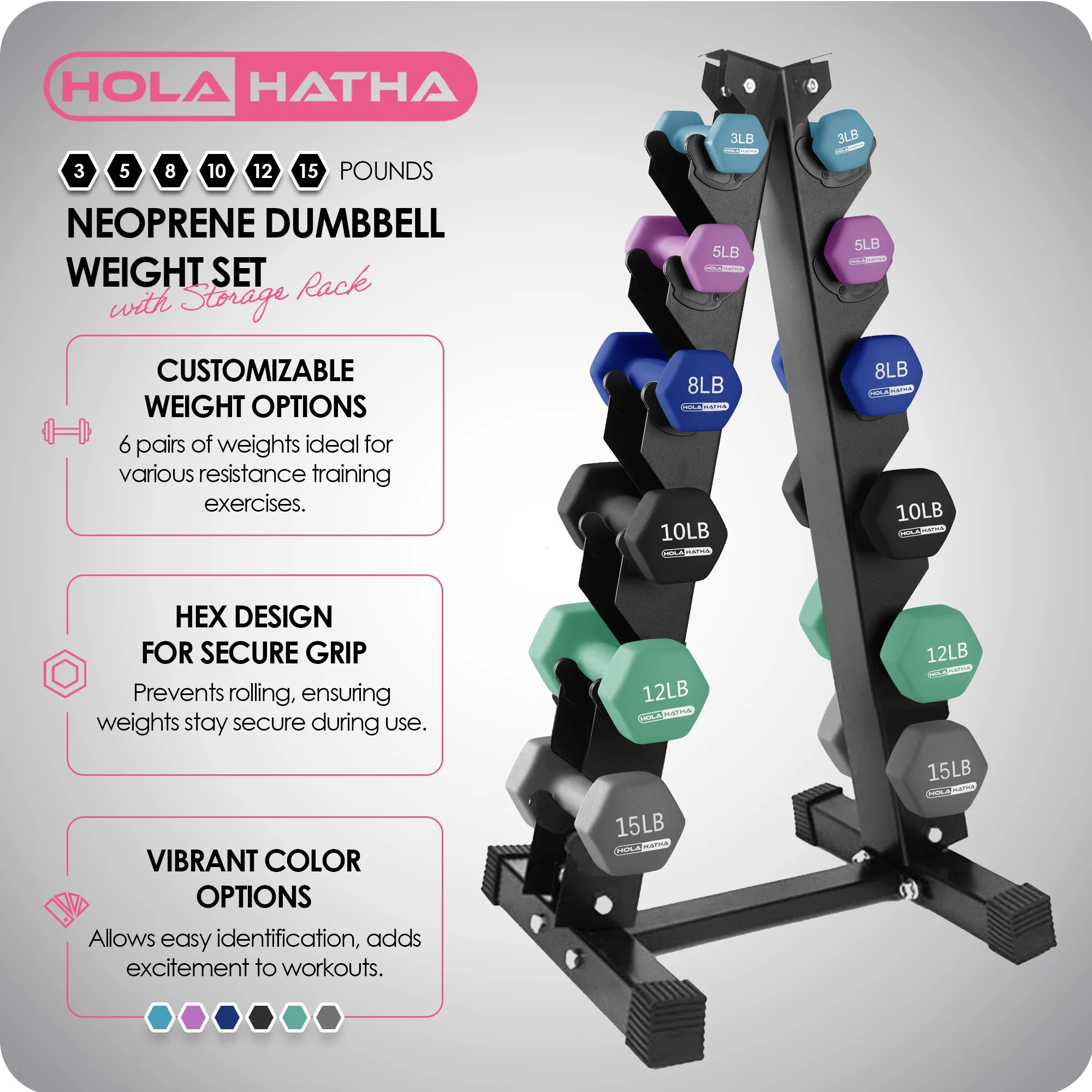 HolaHatha Neoprene Dumbbell Weight Set with Rack (Black), 112.5 lb - Image 33