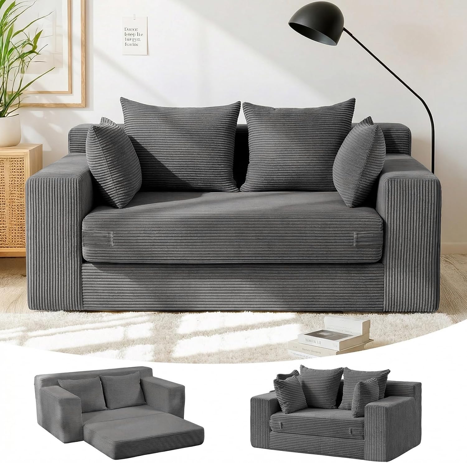 Winzon Boneless Loveseat, 3 in 1 Convertible Sofa Bed Sleeper Sofa Floor Futon Bed with 4 Pillows, 55