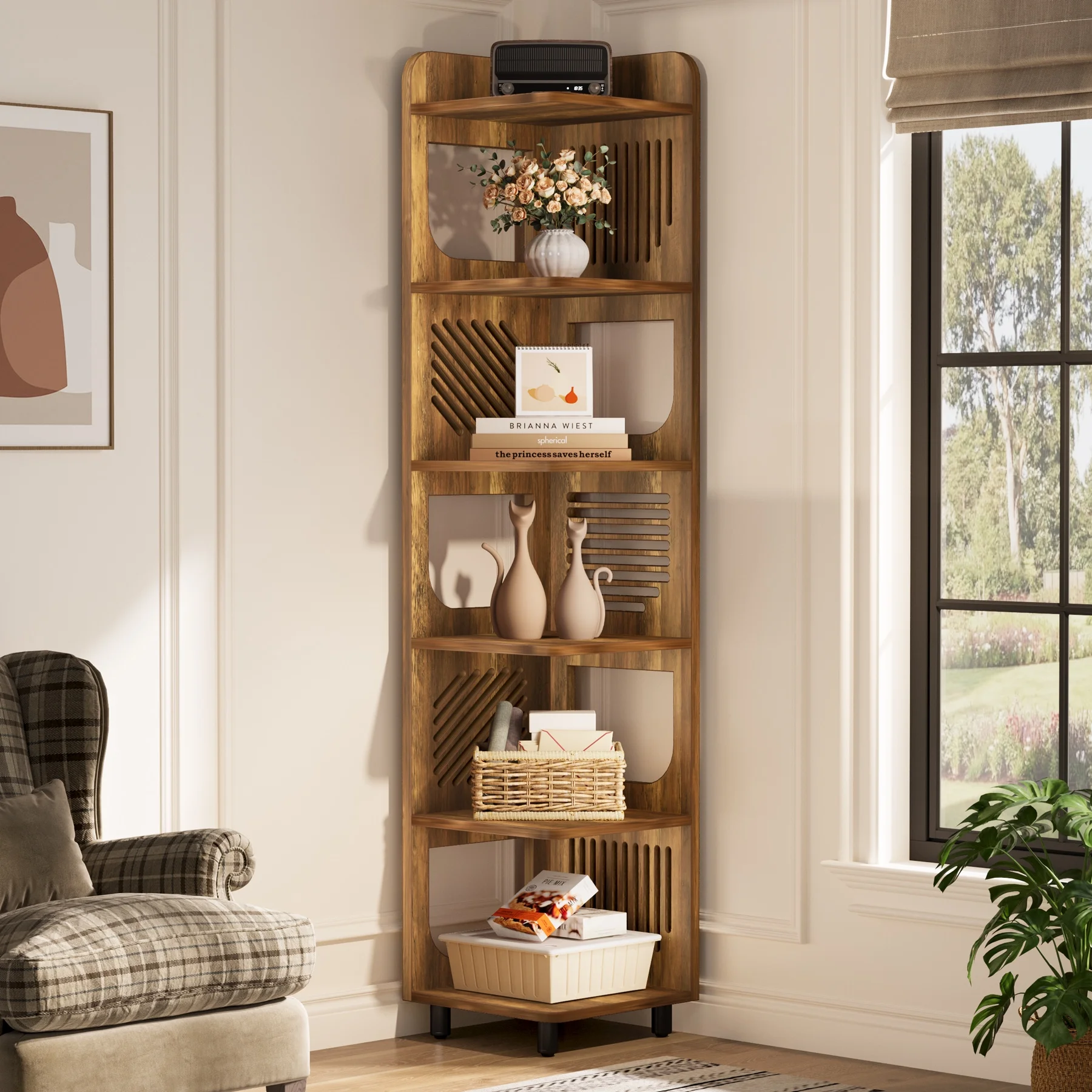 Fnova 71" 6-Tier Tall Corner Bookshelf, Rustic Wooden Narrow Corner Bookcase with Artistic Square Rack, Freestanding Display Storage Shelf for Space-Saving Home Organizing - Image 19