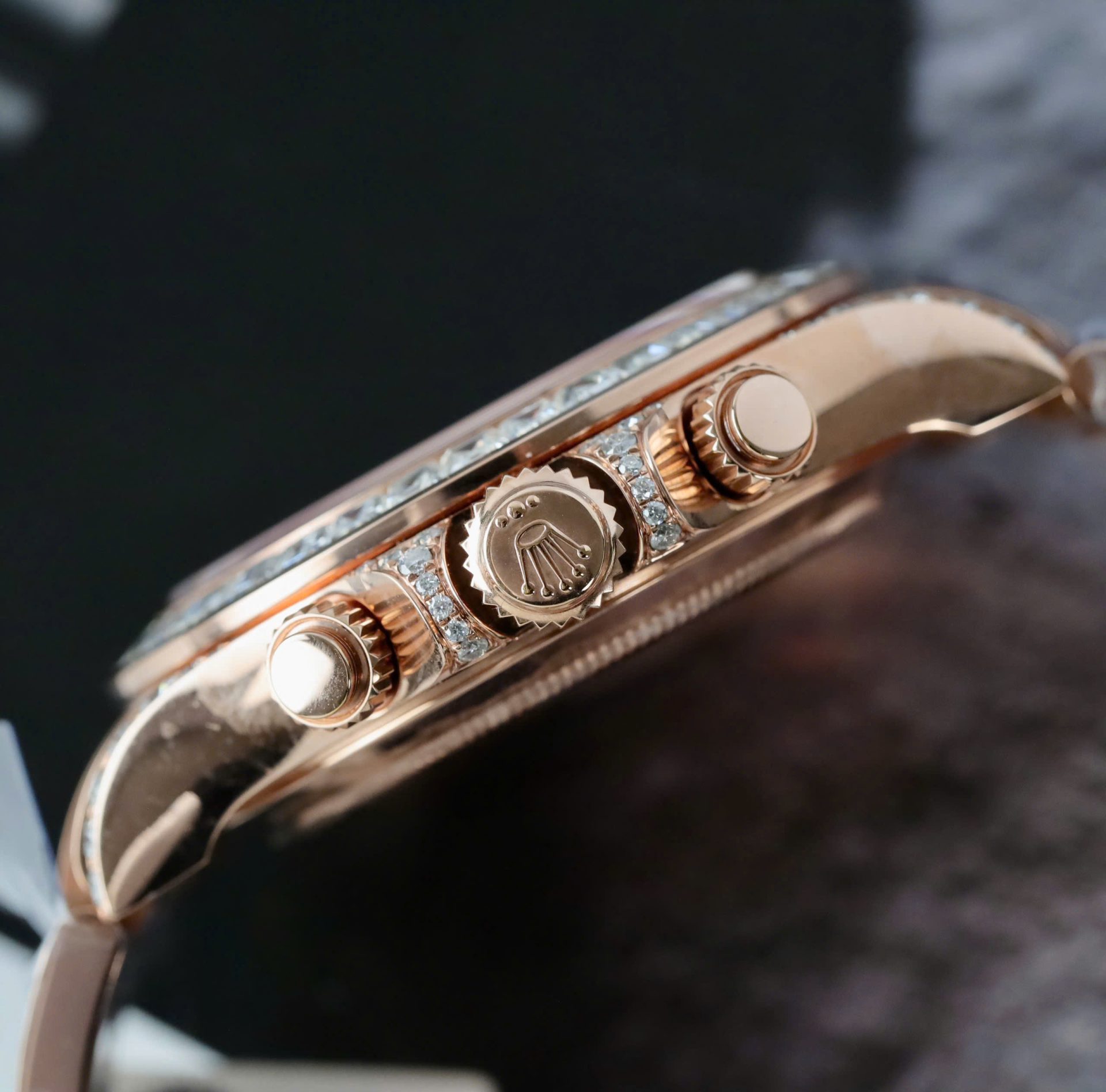 Rolex Daytona Dial Black Copies Watches Gold Wrapped + Diamonds Moissanite Baguette 40mm - Elite Watch Atelier