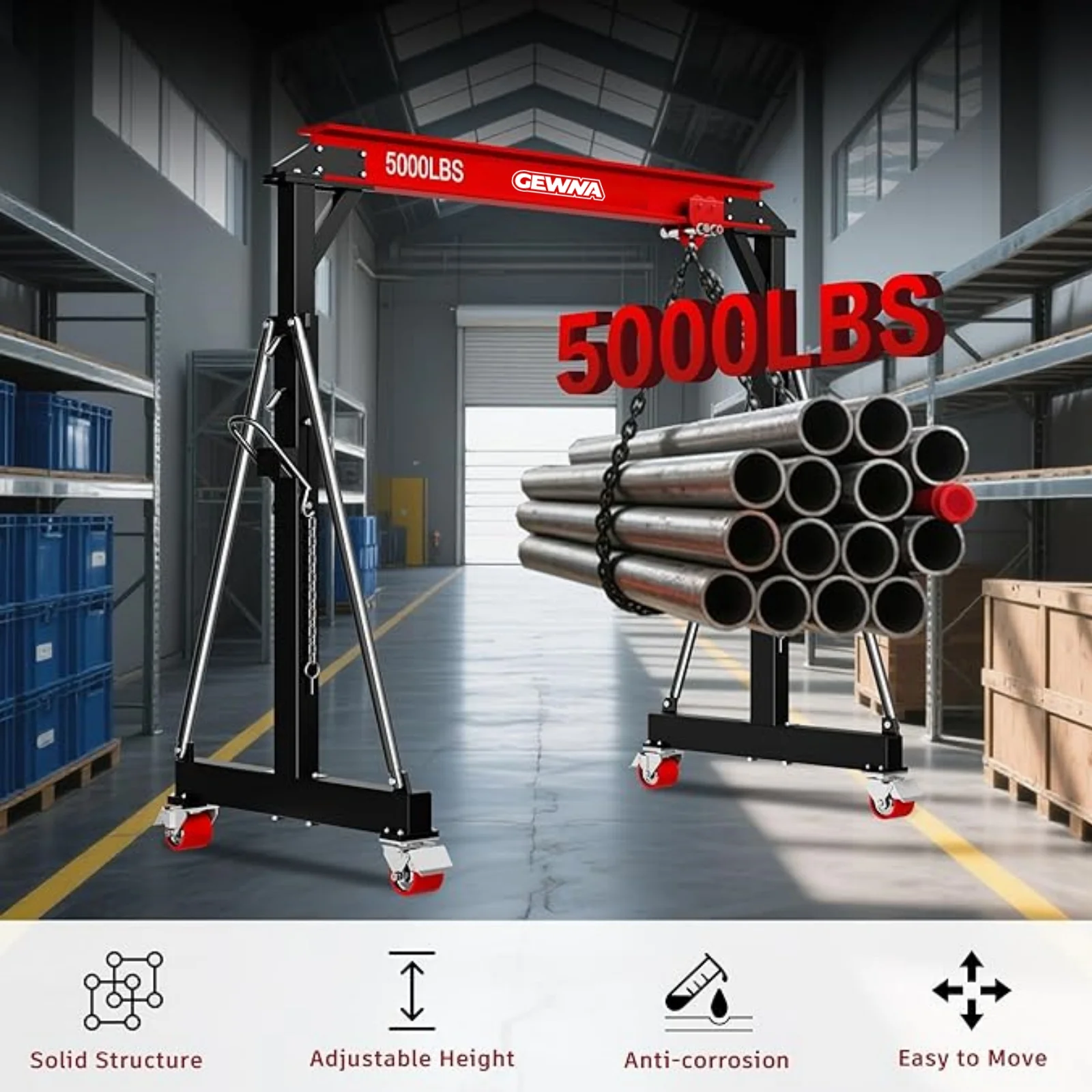 Gewna Adjustable Steel Gantry Crane, 2 Ton/ 5000 lb Capacity, 8.2-12.5ft, Portable Lift Hoist on Wheels with Manual Trolley - Image 3