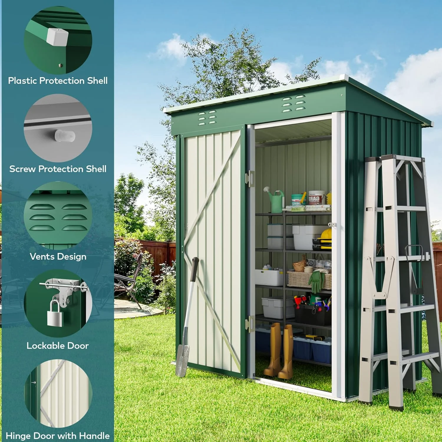 5'x3' Outdoor Storage Shed, Lofka Metal Storage Tool Shed with Single Lockable Door, for Bike| Garden Tools| Patio, Grey - Image 25