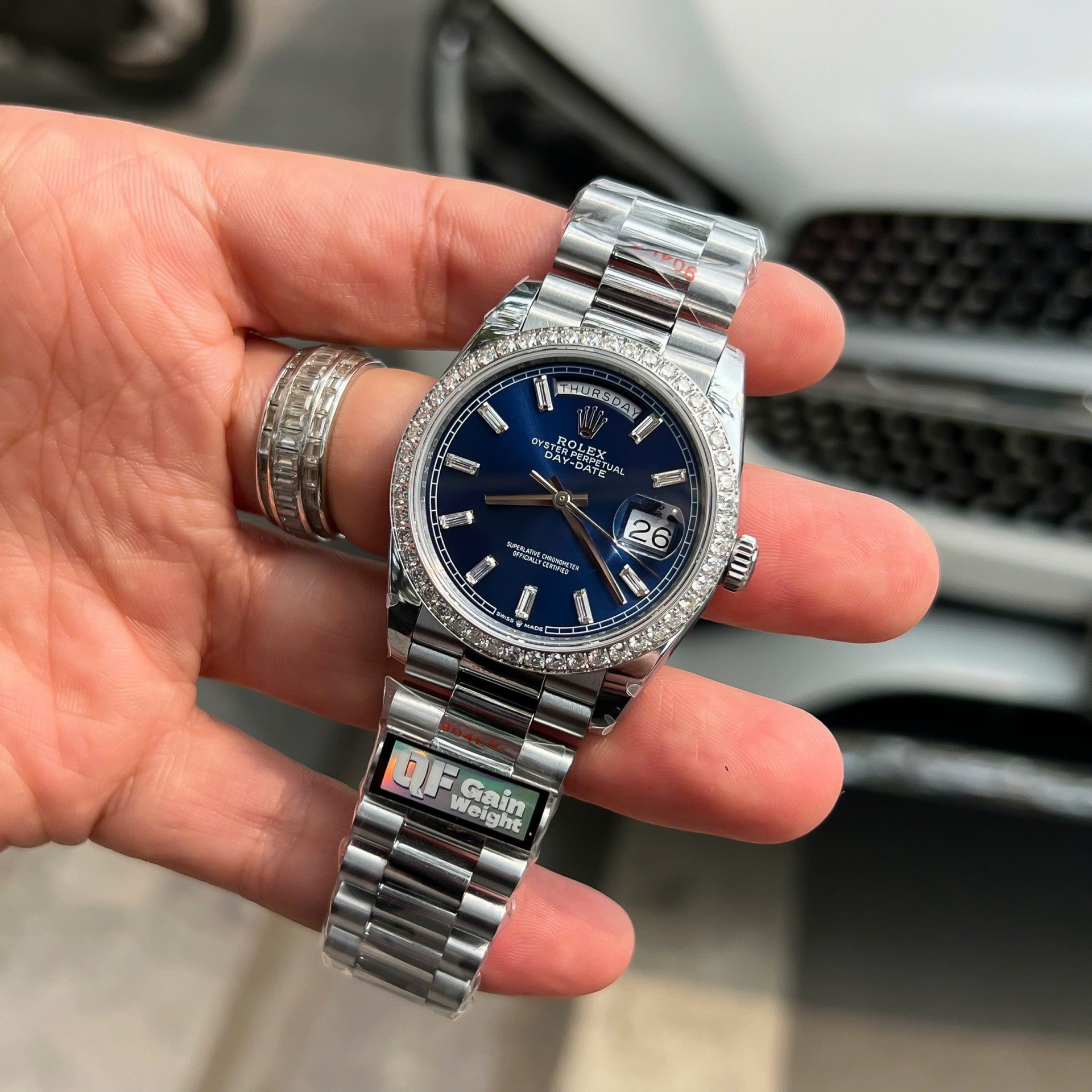 Rolex Day-Date Blue Dial Replica 11 Watch Bezel Diamonds Moissanite QF Factory 36mm - Top club