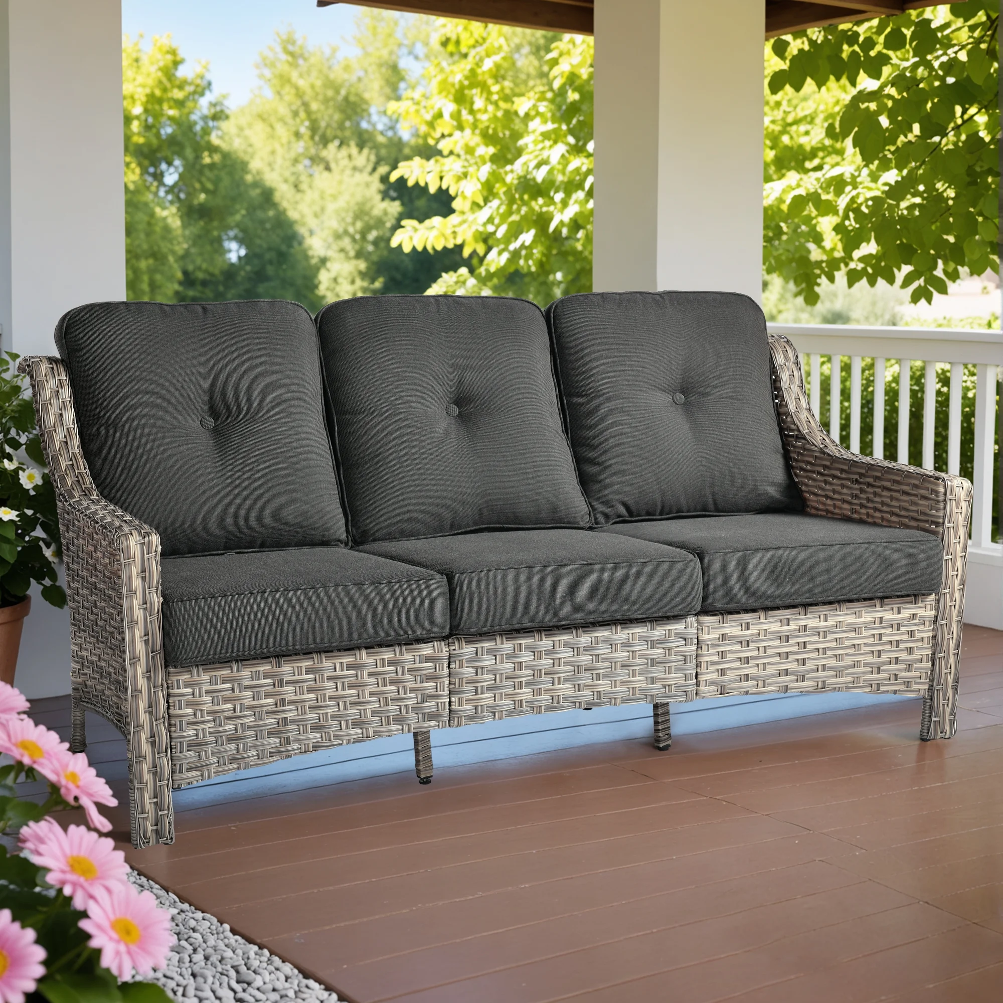 Ovios Outdoor Patio Sofa 3-Seater with Cushions All-Weather Wicker Rattan Couch for Garden, Porch, or Backyard - Image 20