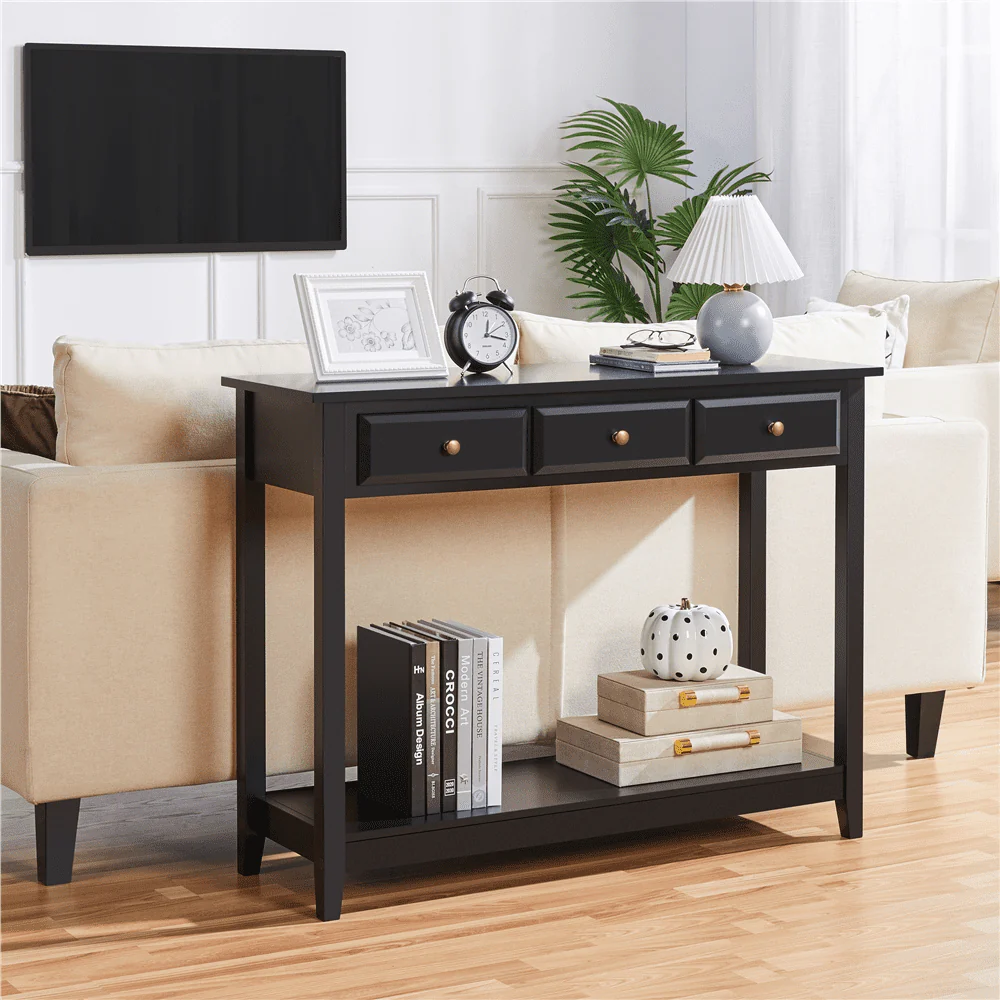Topeakmart 3-Drawer Wooden Console Table Entryway Table with Storage Shelf Pine Wood Legs, Black - Image 5