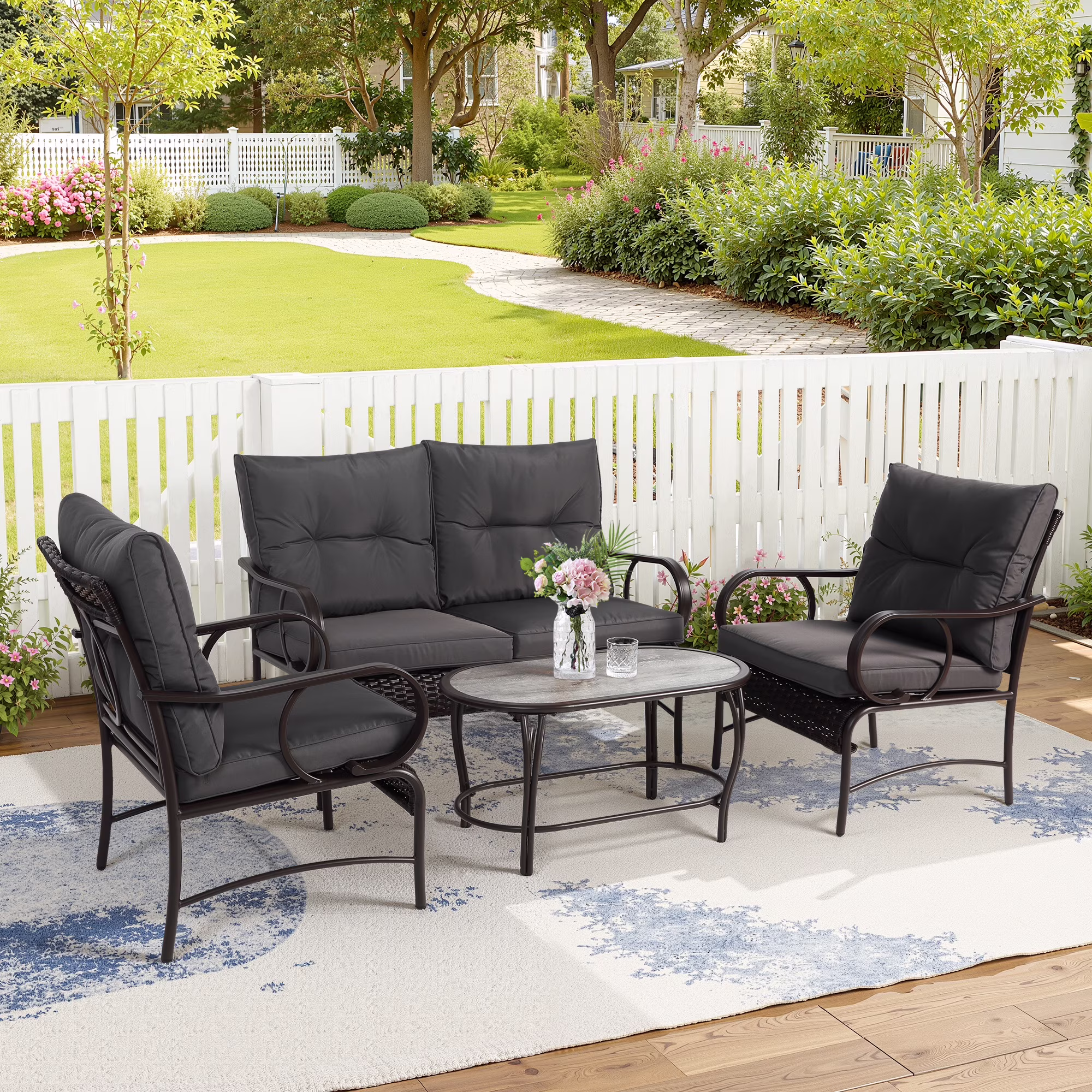 Patio Sofa Set, 4 Pieces Outdoor Sectional Furniture, All-Weather PE Rattan Wicker Patio Conversation Set, Cushioned Sofa Set with Coffee Table for Patio Garden Poolside Deck - Image 7