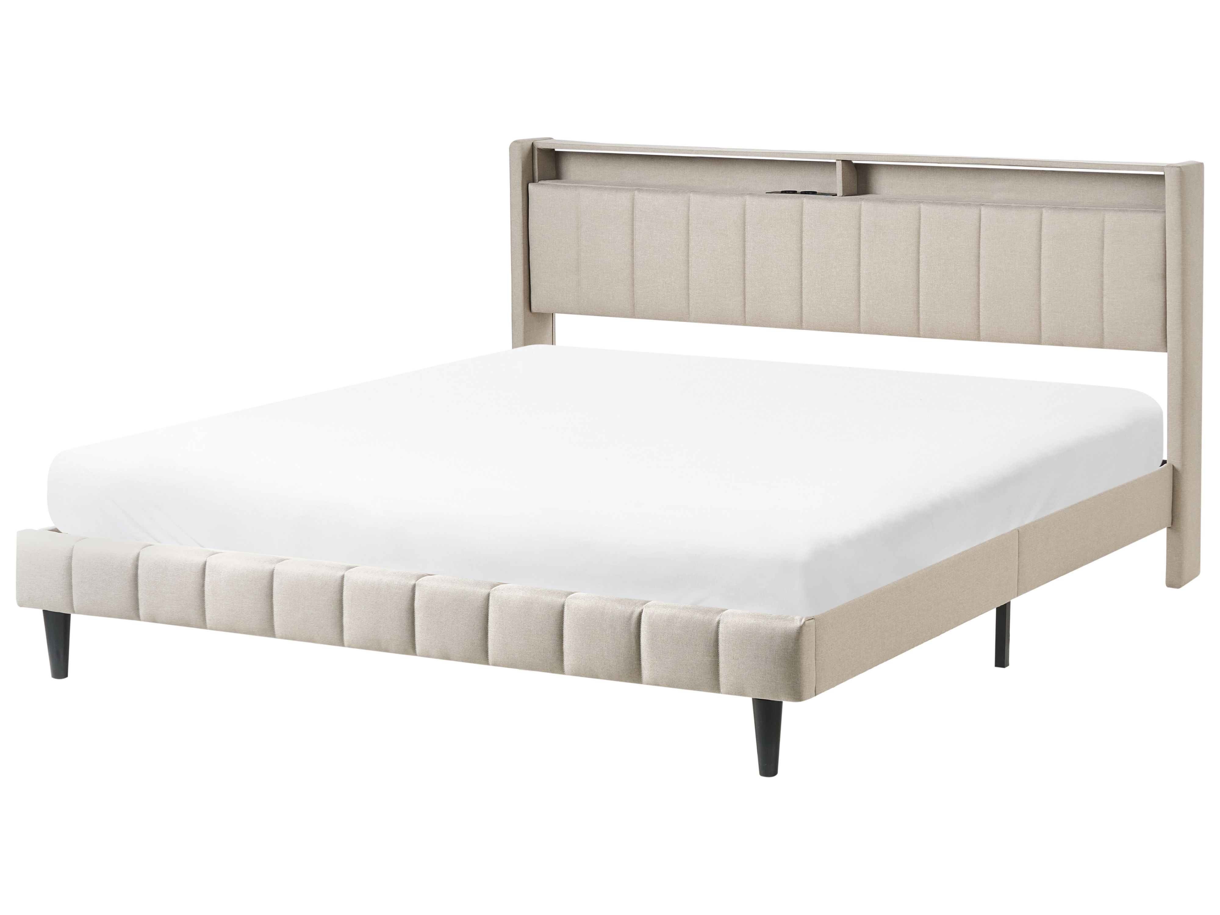 Bed with LED Fabric BEAULIEU 180 x 200 cm (EU Super King) with USB Port with Storage Beige