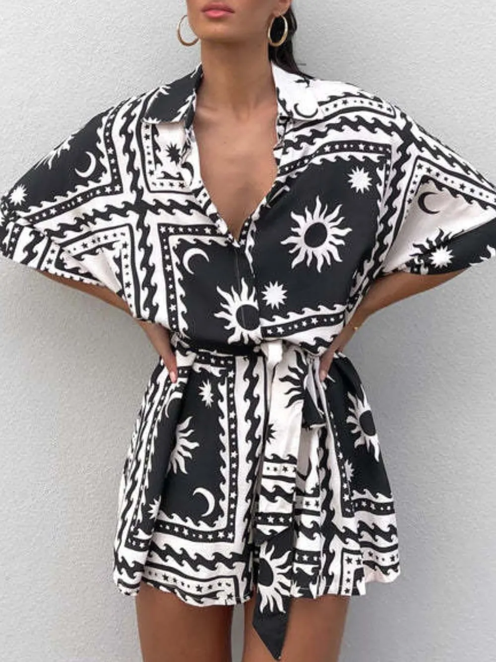 Printed Tie Waist Half Sleeve Romper - ZKZOOK