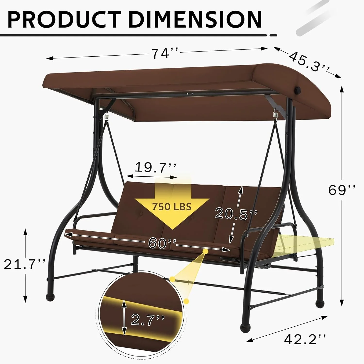AECOJOY 3 Person Canopy Steel Porch Swing, Converting Swing Glider Hammock-Beige - Image 28