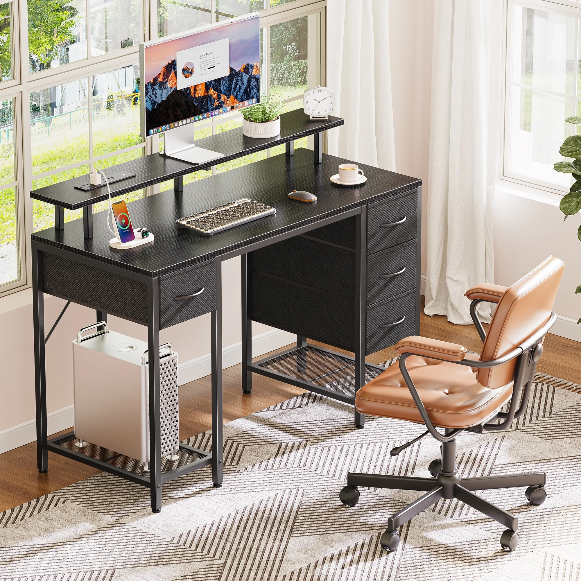 55.1" LED Gaming Desk with Drawers, Computer Desk with Outlets, Office Desk with 4 Drawers, Corner Desk, Writing Desk in White - Image 10