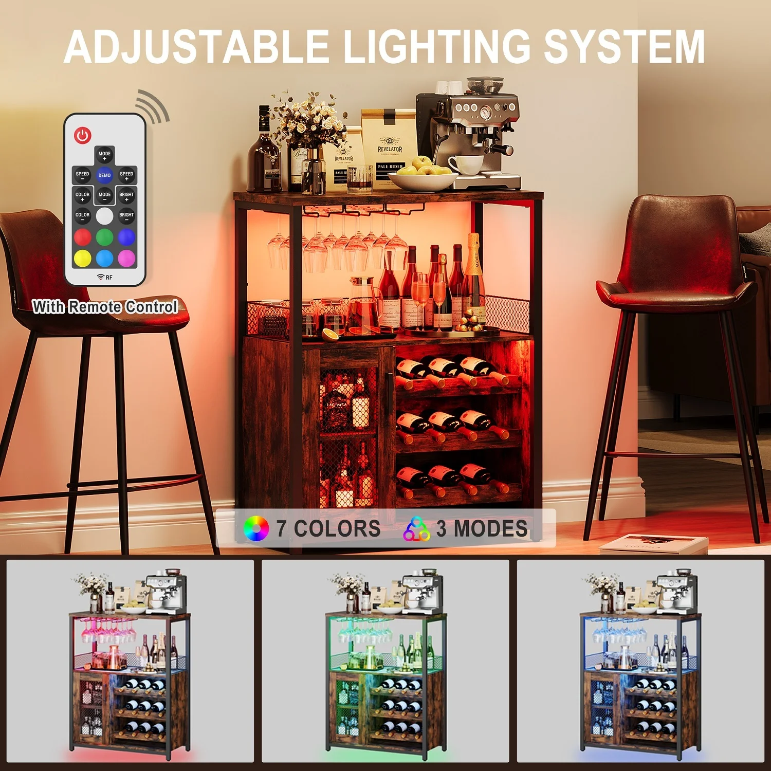 Emorefun Small Bar Cabinet with LED Lights, Modern Liquor Cabinet W/Adjustable Wine Rack & Storage Shelves for Home, Rustic Brown