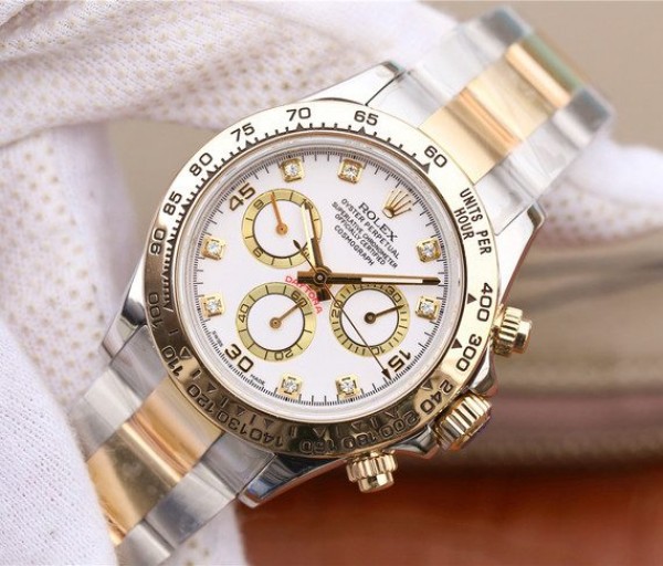 Replica Rolex Daytona 116523 Thick YG Wrapped White Dial Diamonds Markers Bracelet A7750 - Elite Watch Atelier
