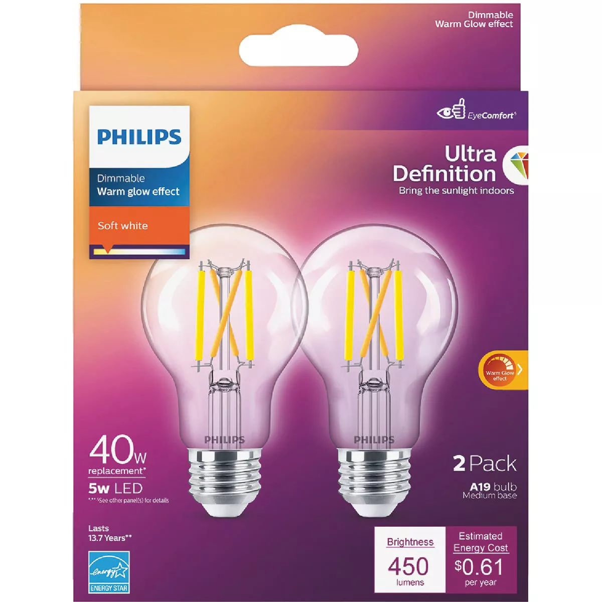 Philips Warm Glow 40W Equivalent Soft White A19 Medium Dimmable LED Light Bulb (2-Pack)