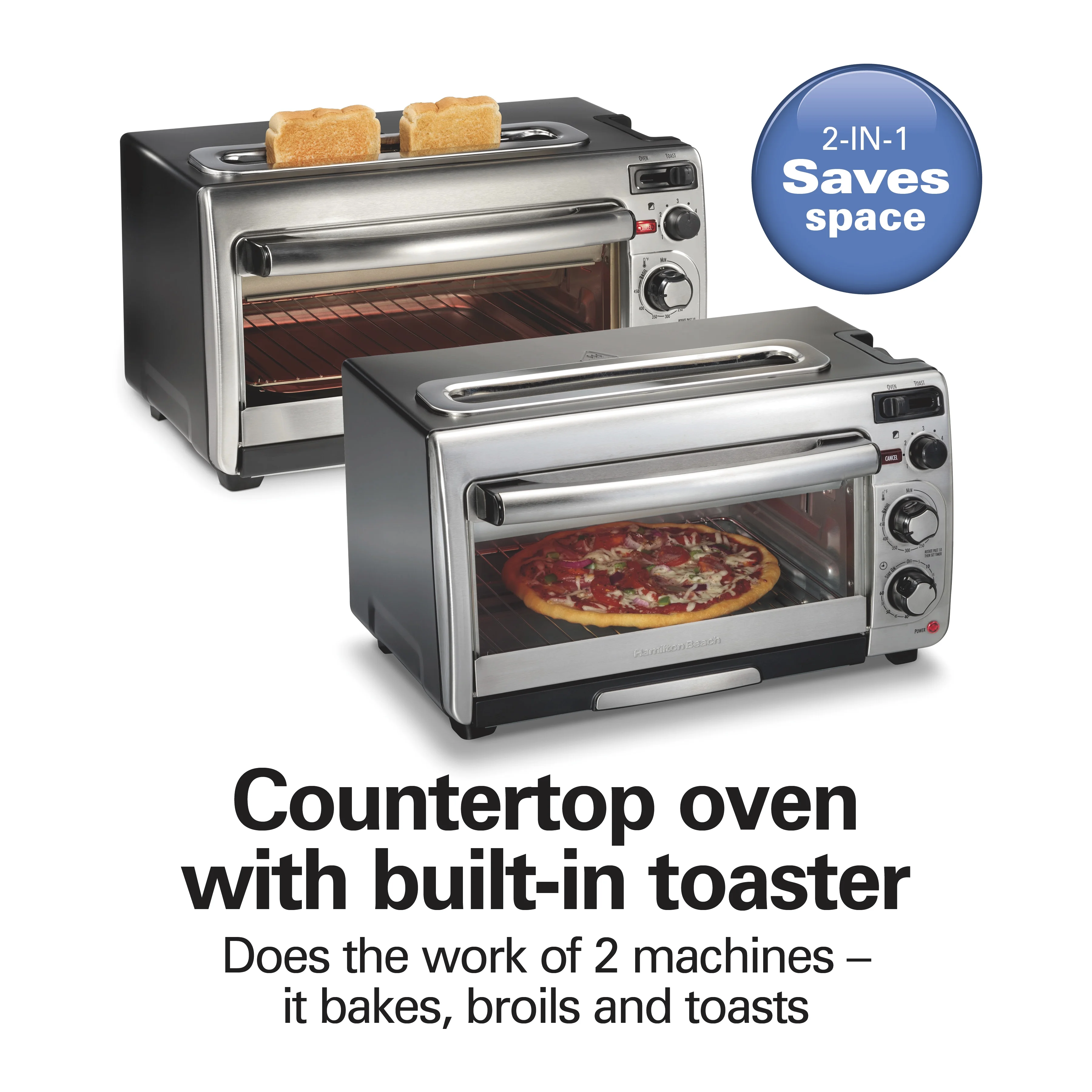Hamilton Beach 2-in-1 Countertop Toaster Oven & Long Slot 2 Slice Toaster Combo, Stainless Steel - Image 2