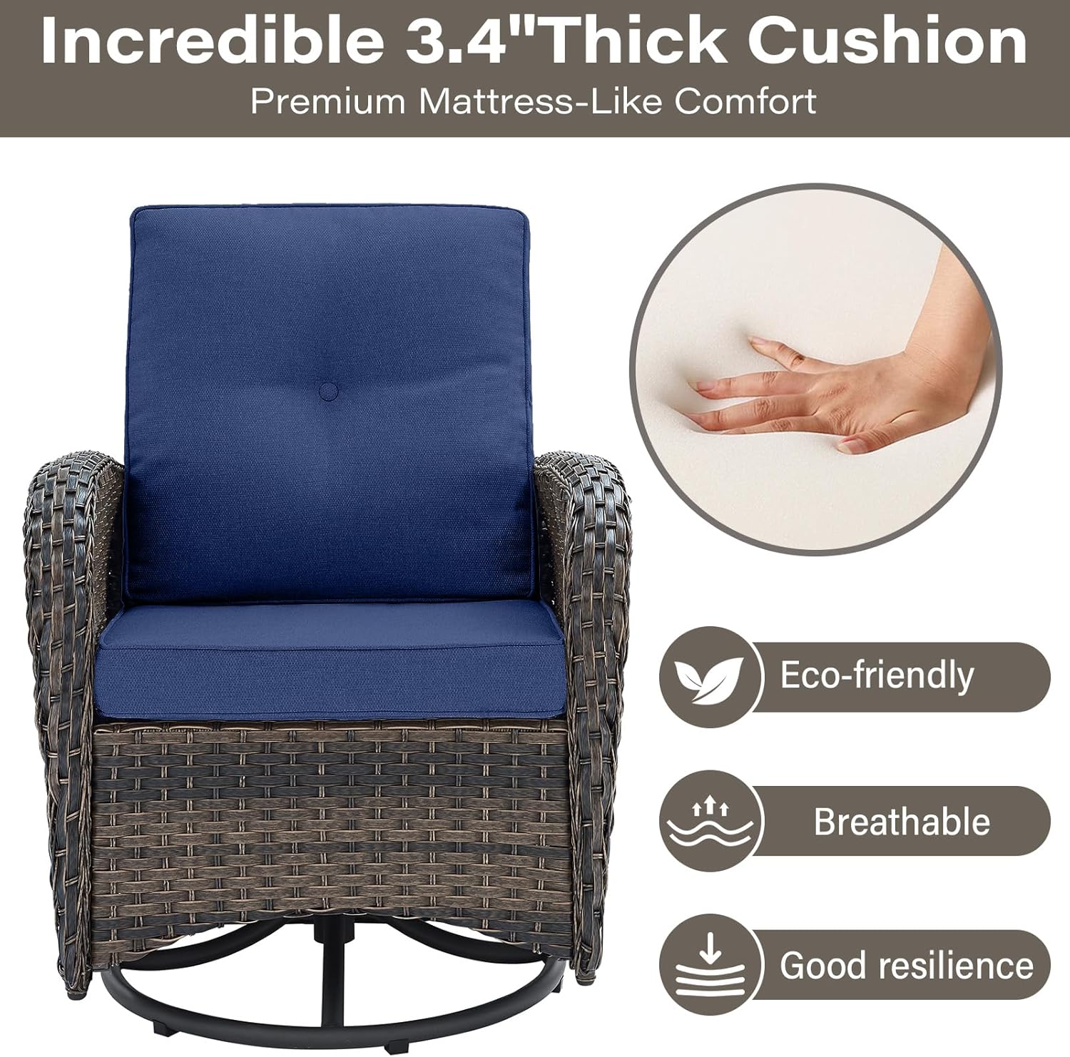 Belord 3-Piece Patio Swivel Rocking Chair Set With Side Table - Brown/Blue - Image 5 Belord 3-Piece Patio Swivel Rocking Chair Set With Side Table - Brown/Blue - Image 5