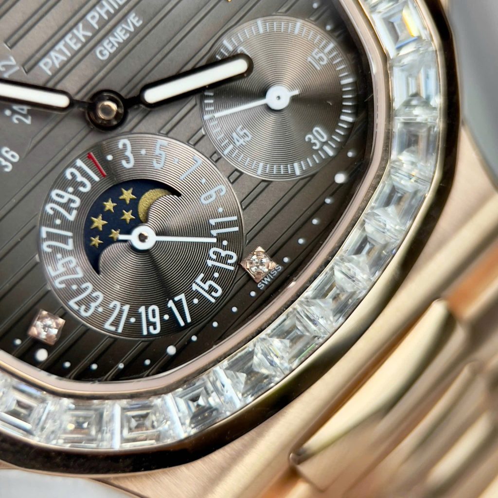 Patek Philippe Nautilus 5724R Gray Dial Replica Watch Gold Wrapped + Moissanite Diamonds PPF 40mm - Top club
