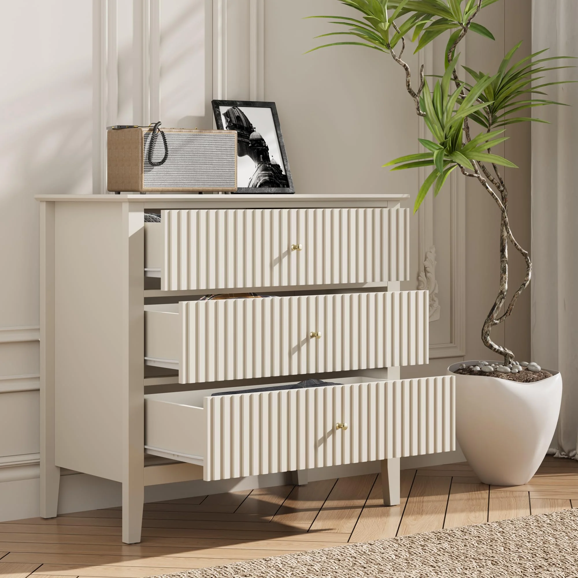 May Color Large White 3 Drawer Dresser Set of 2 with Fluted Panel, Modern Chest of Drawers with Silent Slide Drawers, Wood Accent Nightstand with Storage for Bedroom Living Room, Hallway - Image 50