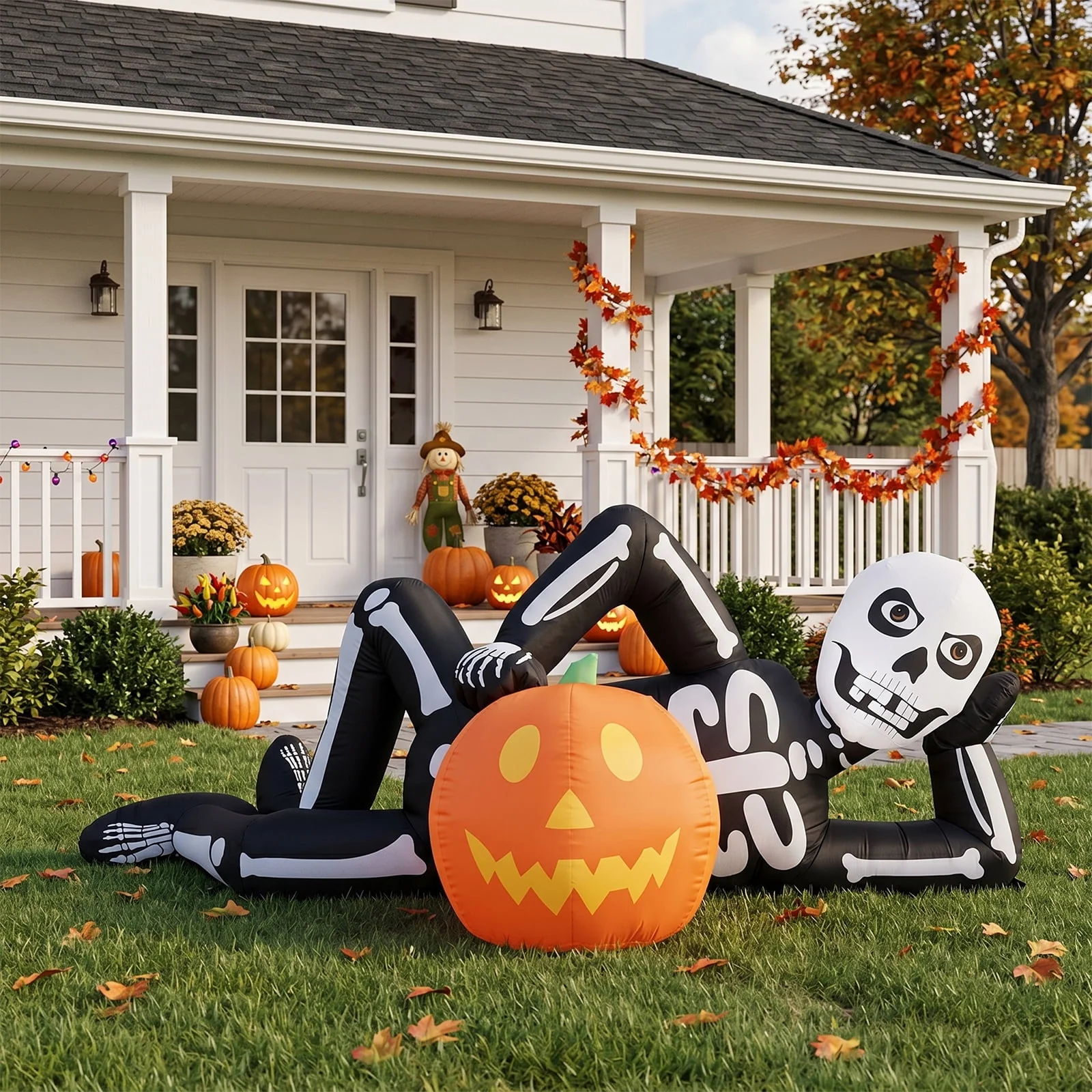 Ktaxon 7' Halloween Inflatables Skeleton Outdoor Halloween Decoration Reclining Skeleton with Pumpkin,Built-In LED Lights - Image 10 Ktaxon 7' Halloween Inflatables Skeleton Outdoor Halloween Decoration Reclining Skeleton with Pumpkin,Built-In LED Lights - Image 10