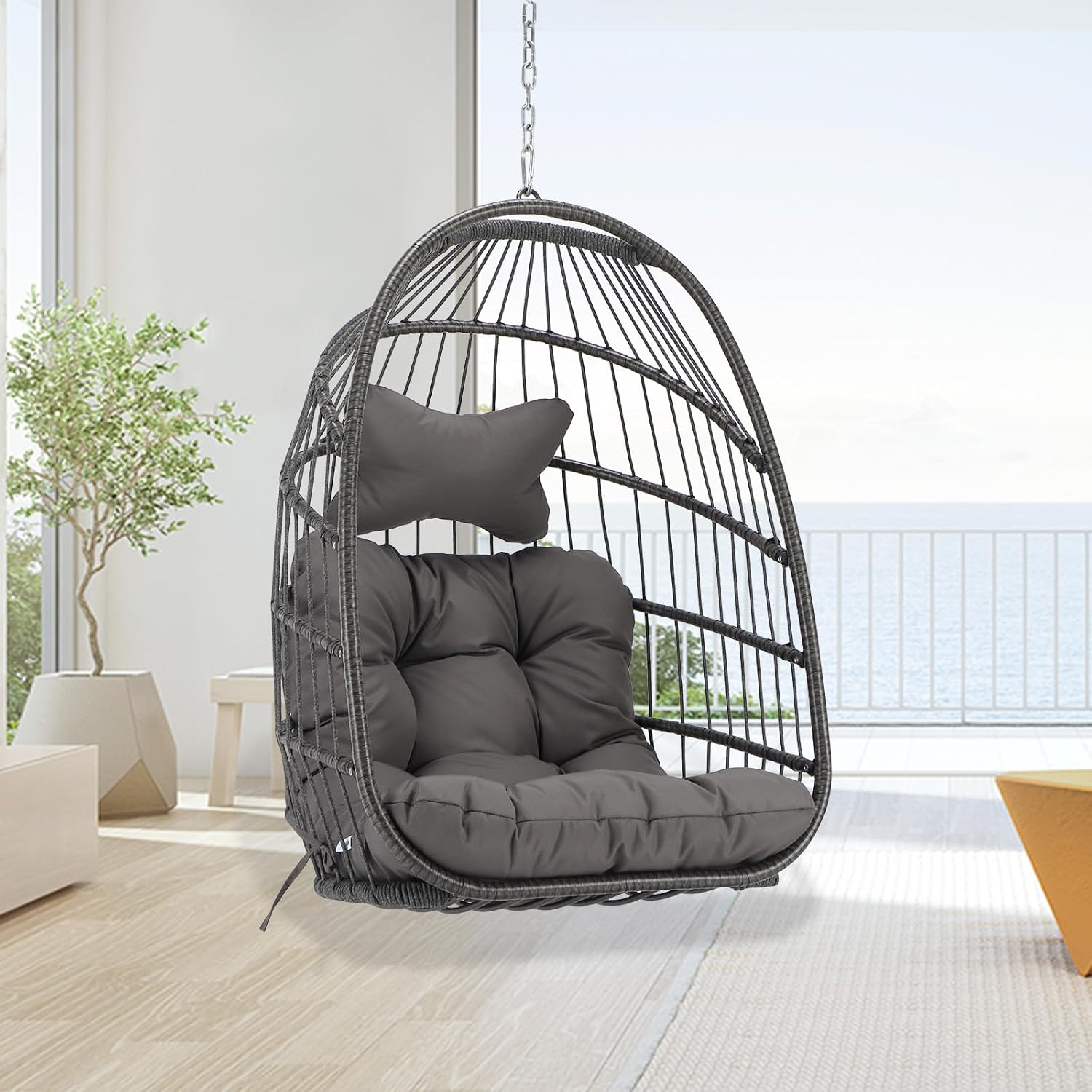 BULEXYARD Outdoor Egg Chair Without Stand, 350 Lbs Foldable Weather-Resistant Rattan Hanging Hammock with Cushion, Cozy Swing Basket Seat for Bedroom Balcony Patio Pergola Tree Mount, Dark Grey