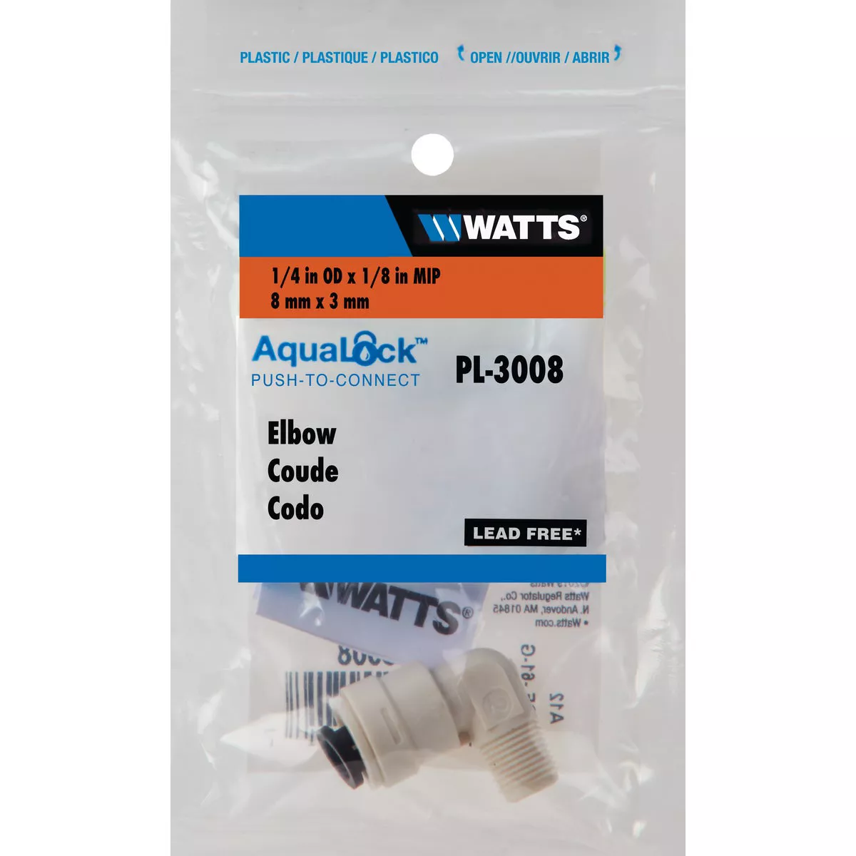 Watts Aqualock 1/4 In. OD x 1/8 In. MNPT 90 Deg. Push-to-Connect Plastic Elbow (1/4 Bend)