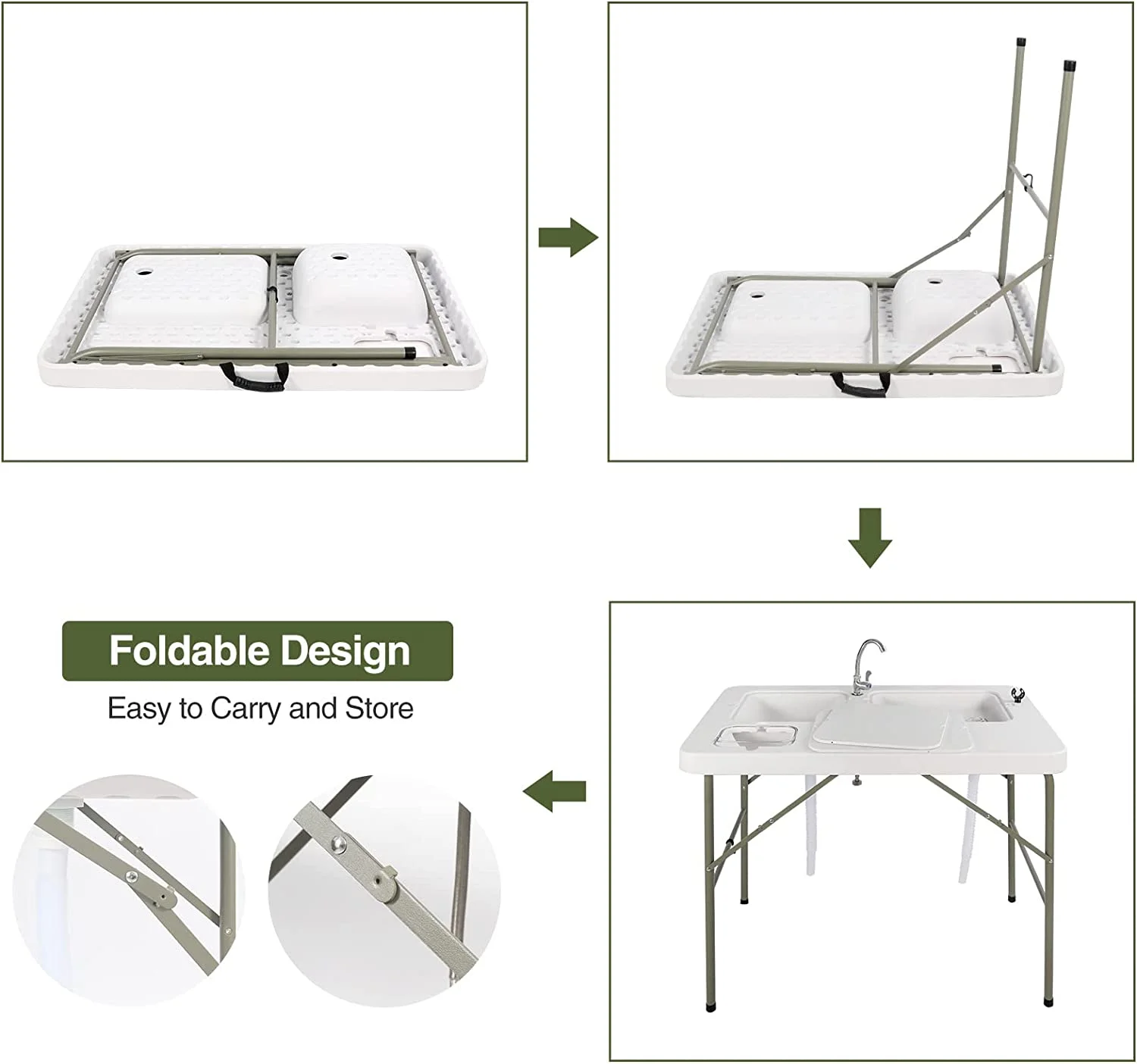 Folding Fish Cleaning Table, Outdoor Camping Sink Station with Sink & Faucet Drainage Hoses, Portable Camping Sink Table for Beach Fishing Patio Picnic