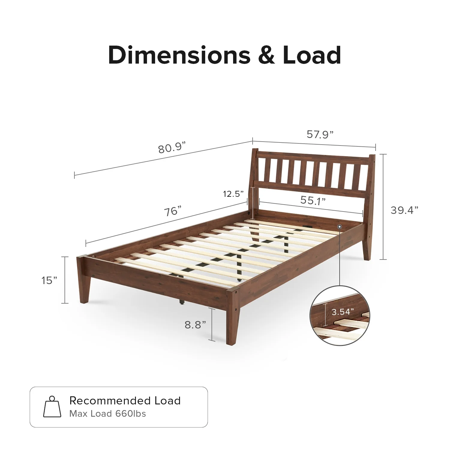 Mopio Ted Queen Bed Frame with Headboard, Full Size Bed Frame, Mid Century Modern Acacia Solid Wood Platform Bed Frame, Wooden Bed Slats, No Box Spring Needed, Double Metal Bar Support, Walnut - Image 11