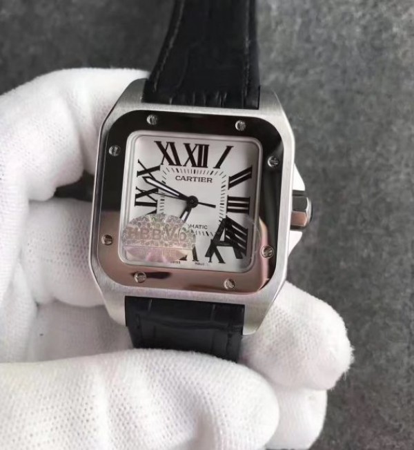 Replica Cartier Santos 100 33mm SS White Dial Black Leather Strap SEIKO NH05A - Top club