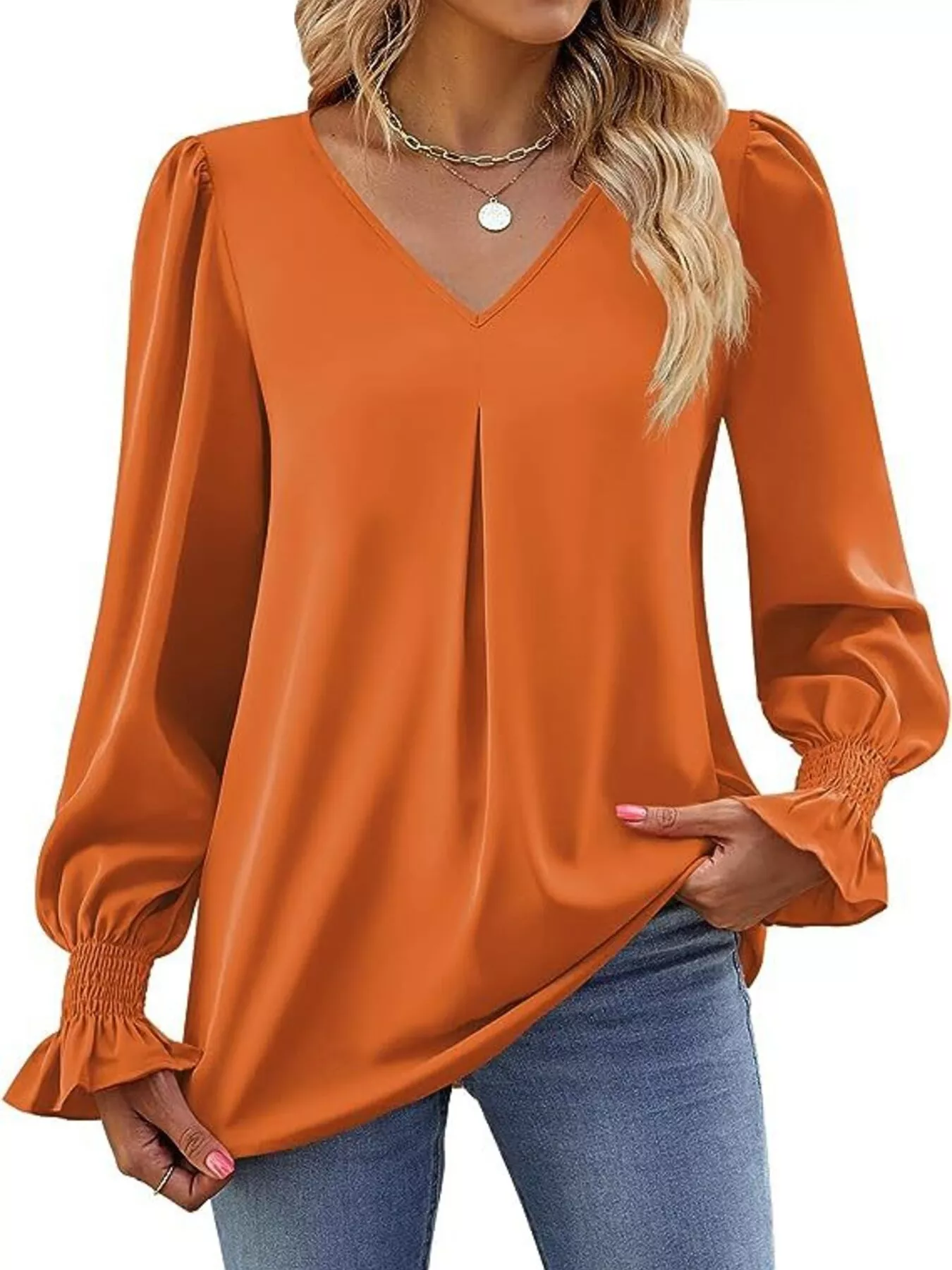 V-Neck Long Sleeve Ruffle Cuff Blouse - ZKZOOK