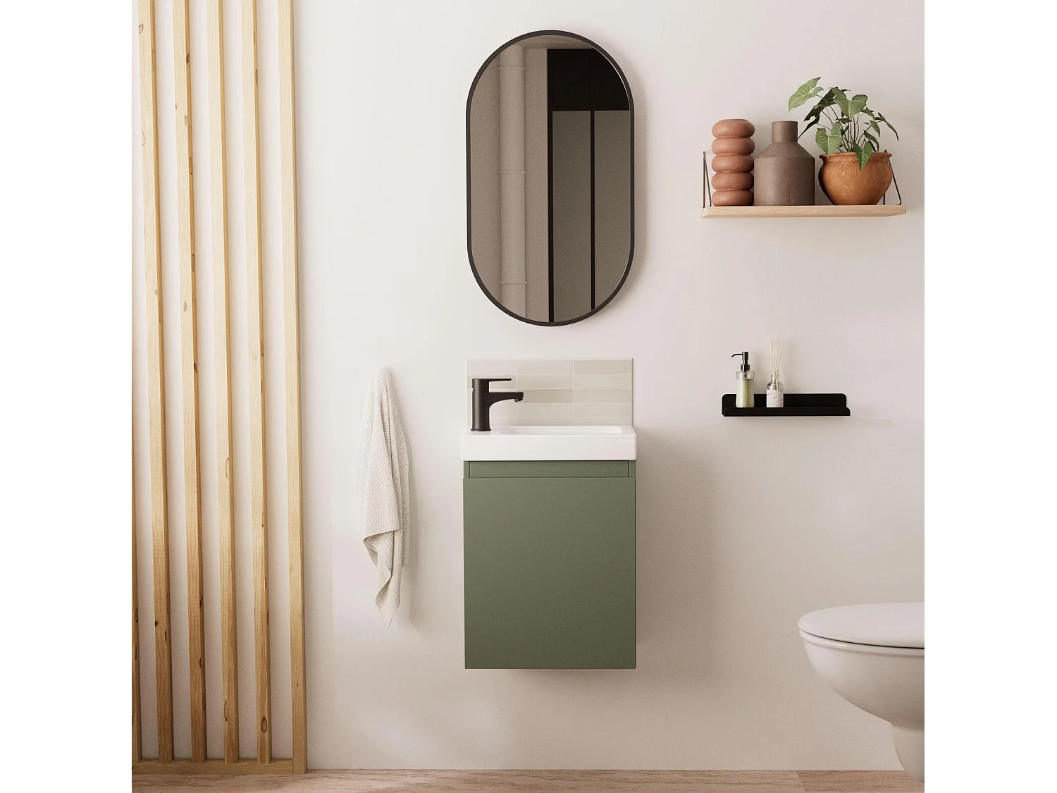 Meuble lave-mains LISA + robinet noir + miroir ovale