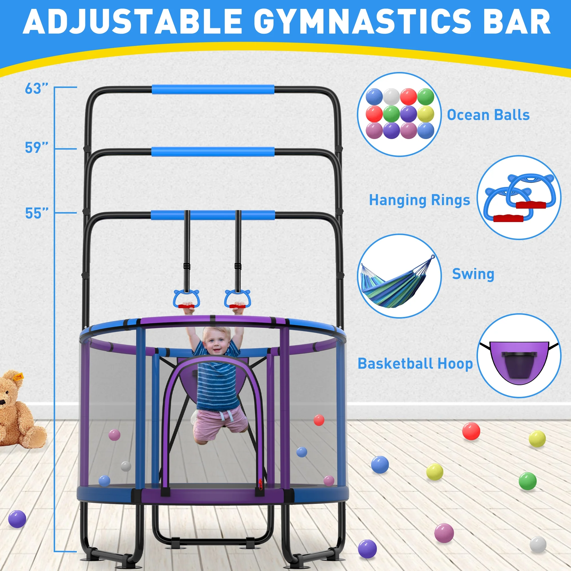 CITYLE Trampoline for Kids 600LBS 60'' 5FT Toddler Trampoline Indoor Outdoor with Basketball Hoop, Swing, Adjustable Bar, Mini Small Trampoline with Enclosure, Gifts for Toddlers, Boys & Girls - Image 42