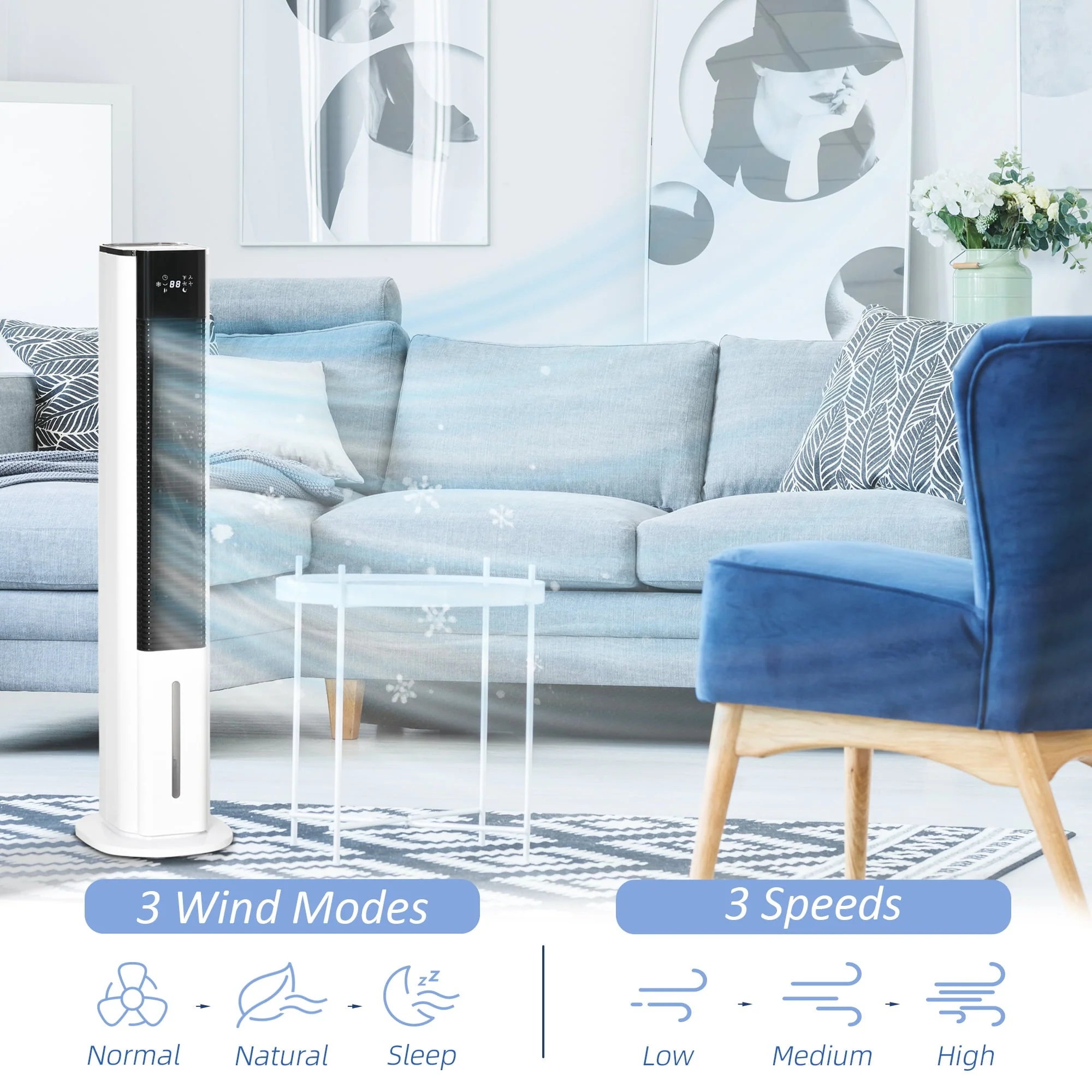 HOMCOM 42" Portable Evaporative Air Cooler, 3-In-1 Ice Cooling Fan Humidifier with Remote, Timer, Oscillating, LED Display, and 1.6 Gal Water Tank, White - Image 5